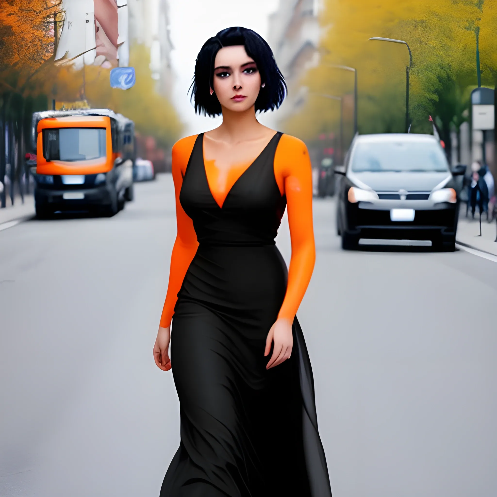 A 20-year-old young woman with short black hair, an innocent and beautiful face, wearing an orange long dress, walking on the street,Water Color