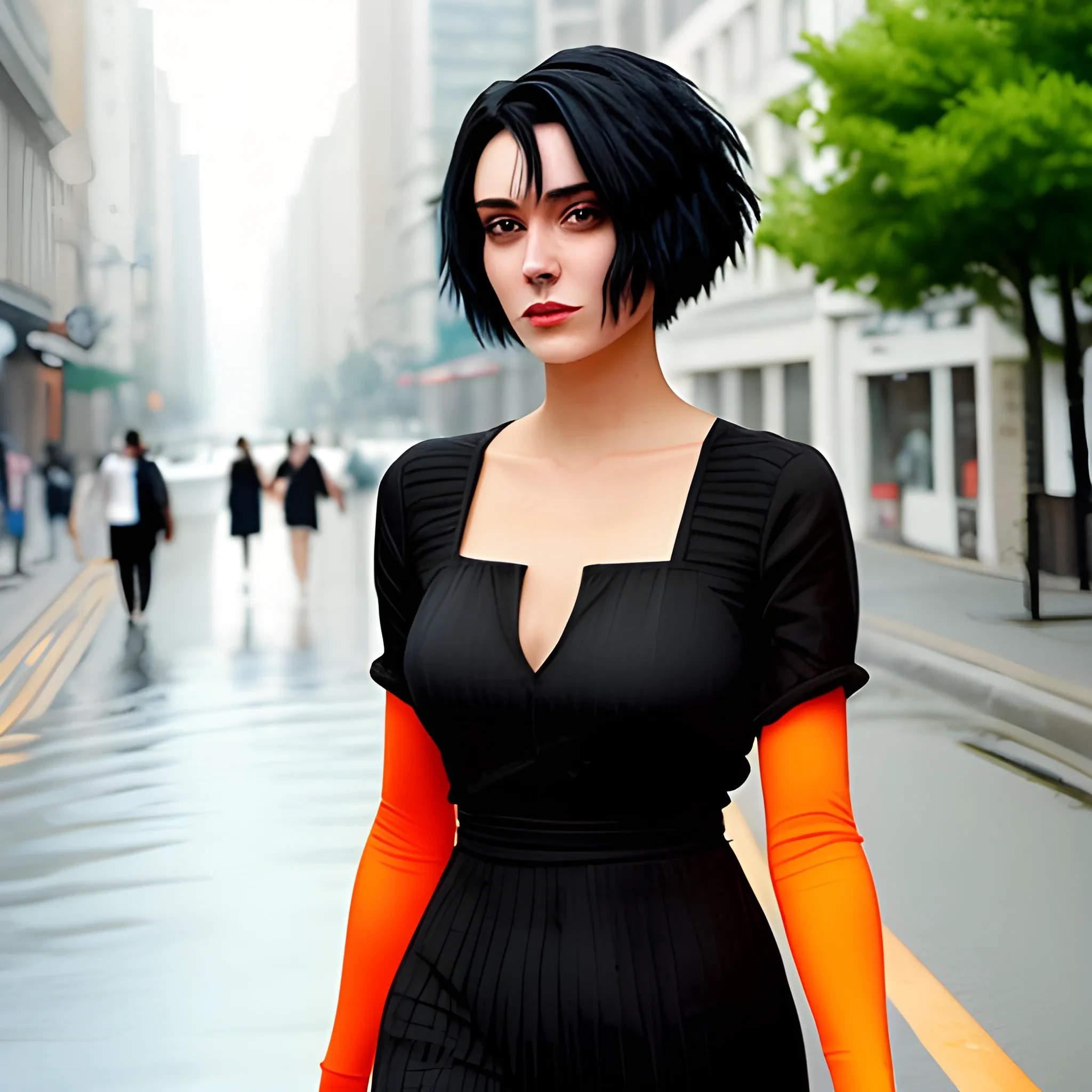 A 20-year-old young woman with short black hair, an innocent and beautiful face, wearing an orange long dress, walking on the street,Water Color, Trippy