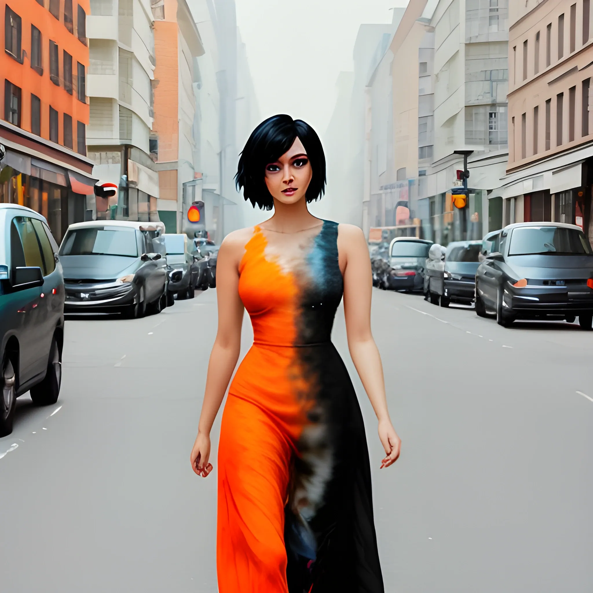 A 20-year-old young woman with short black hair, an innocent and beautiful face, wearing an orange long dress, walking on the street,Water Color, Trippy