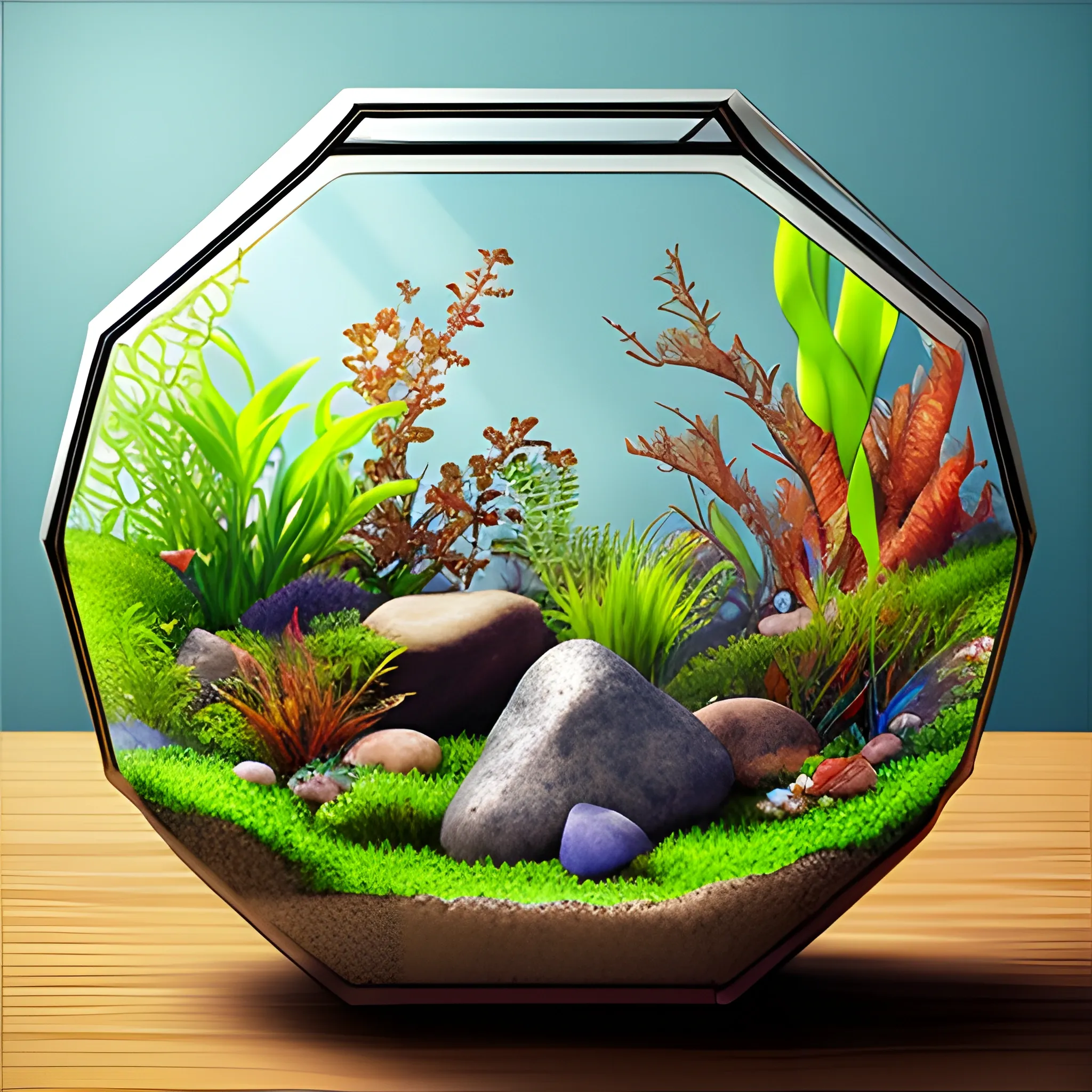 From the image of an aquarium, create a terrarium with stones and a part of soil.
3D