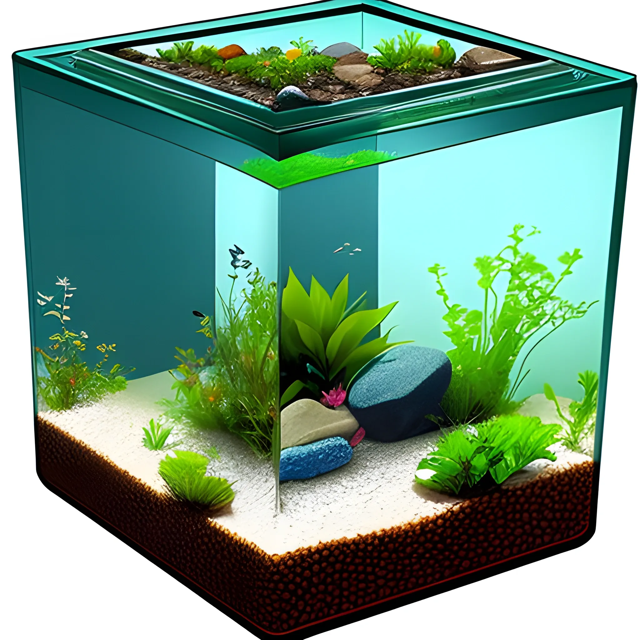 Starting from the image of a square aquarium, create a terrarium with stones and a part of soil. It will also have elements created with wood and different levels.
3D