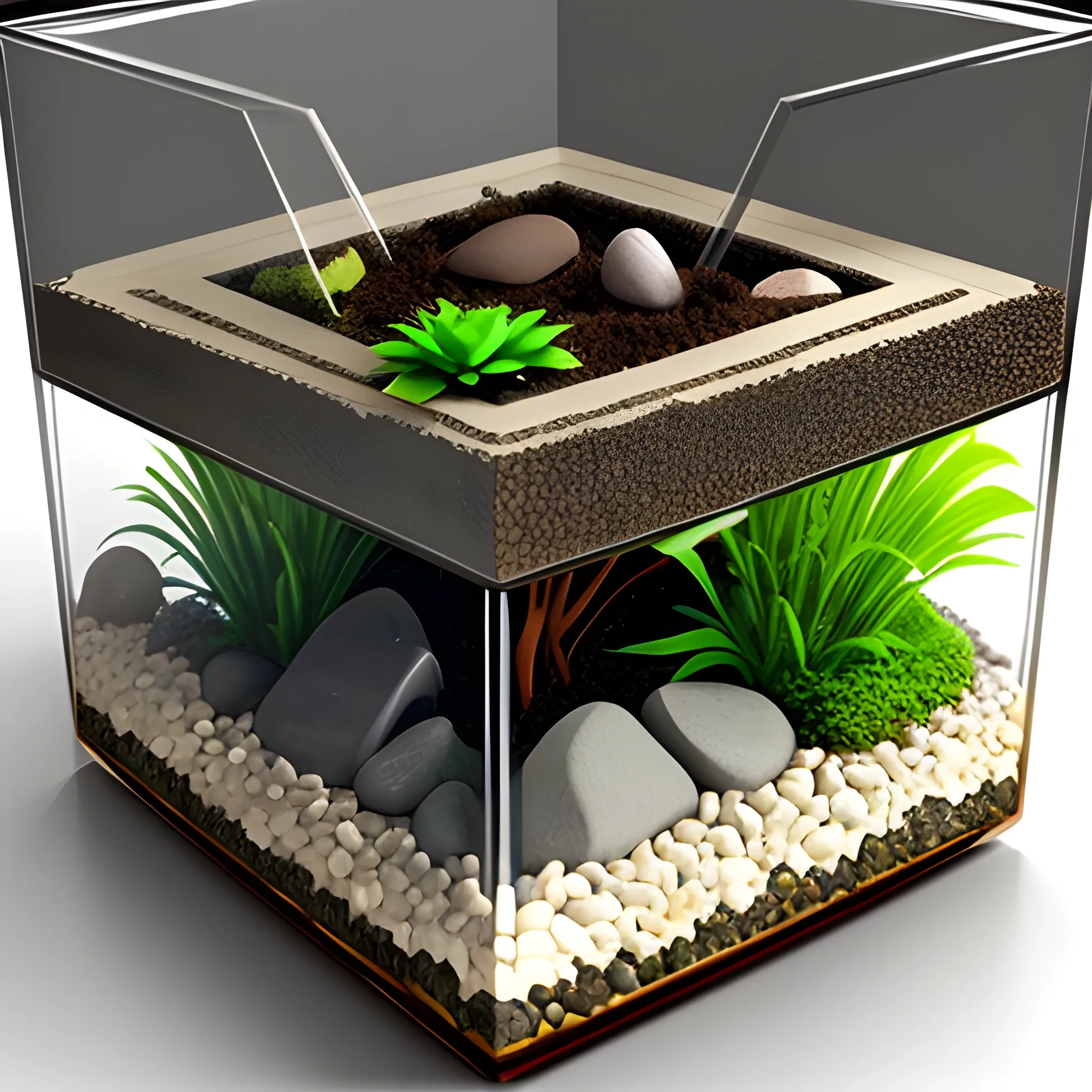 Create a square  terrarium with stones and a part of soil. It will also have elements created with wood and different levels.
3D