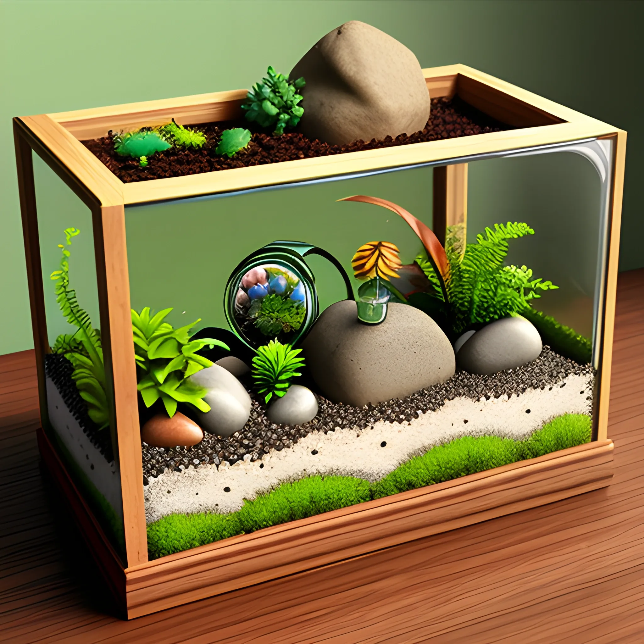 Create a rectangular terrarium with soil and rocks at different levels differentiated by wooden slats
3D