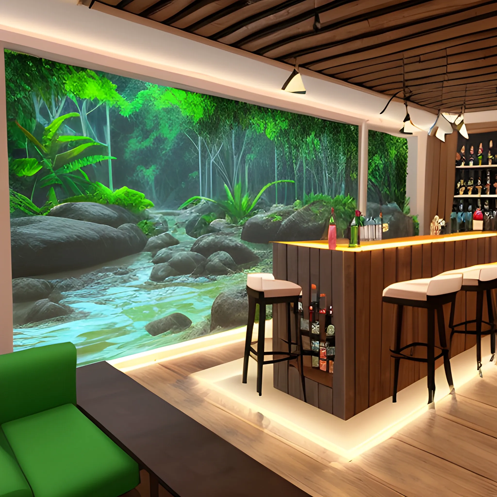 Bar & Lounge en la selva al costado de un rio, 3D