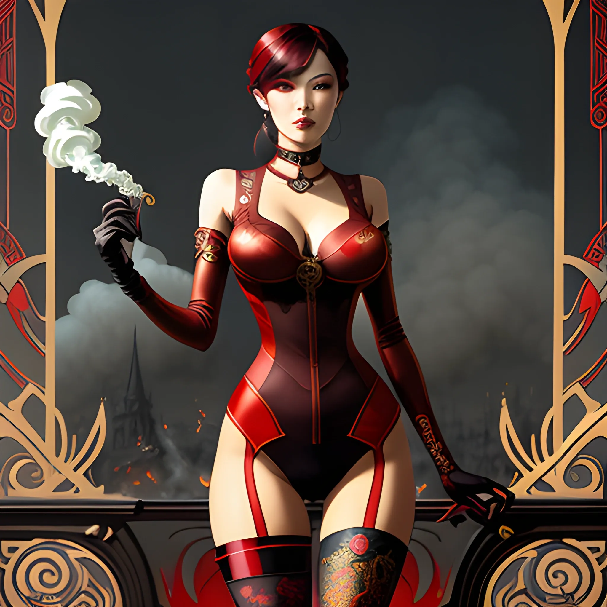  art nouveau elements with good looking. nice dolled gothic korean girl Suzy, tight lycra shorts, over-the-knee socks, surrounded by  surrounded by smoke in the background,, silver red and gold art nouveau elements  in the background, high contrast, dark art  by Greg Rutkowski, intricate detail, intensive warm colors, hyper realistic, intricate detail