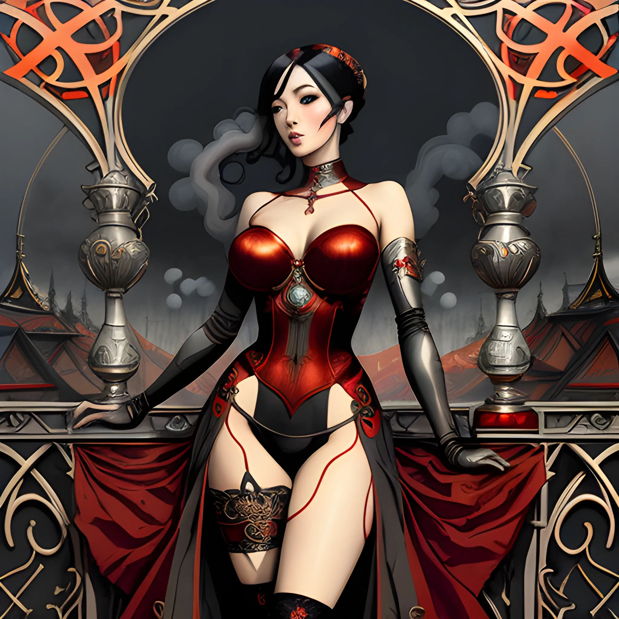  art nouveau elements with good looking. nice dolled gothic korean girl Suzy, tight over-the-knee socks, surrounded by  surrounded by smoke in the background,, silver red and gold art nouveau elements  in the background, high contrast, dark art  by Greg Rutkowski, intricate detail, intensive warm colors, hyper realistic, intricate detail