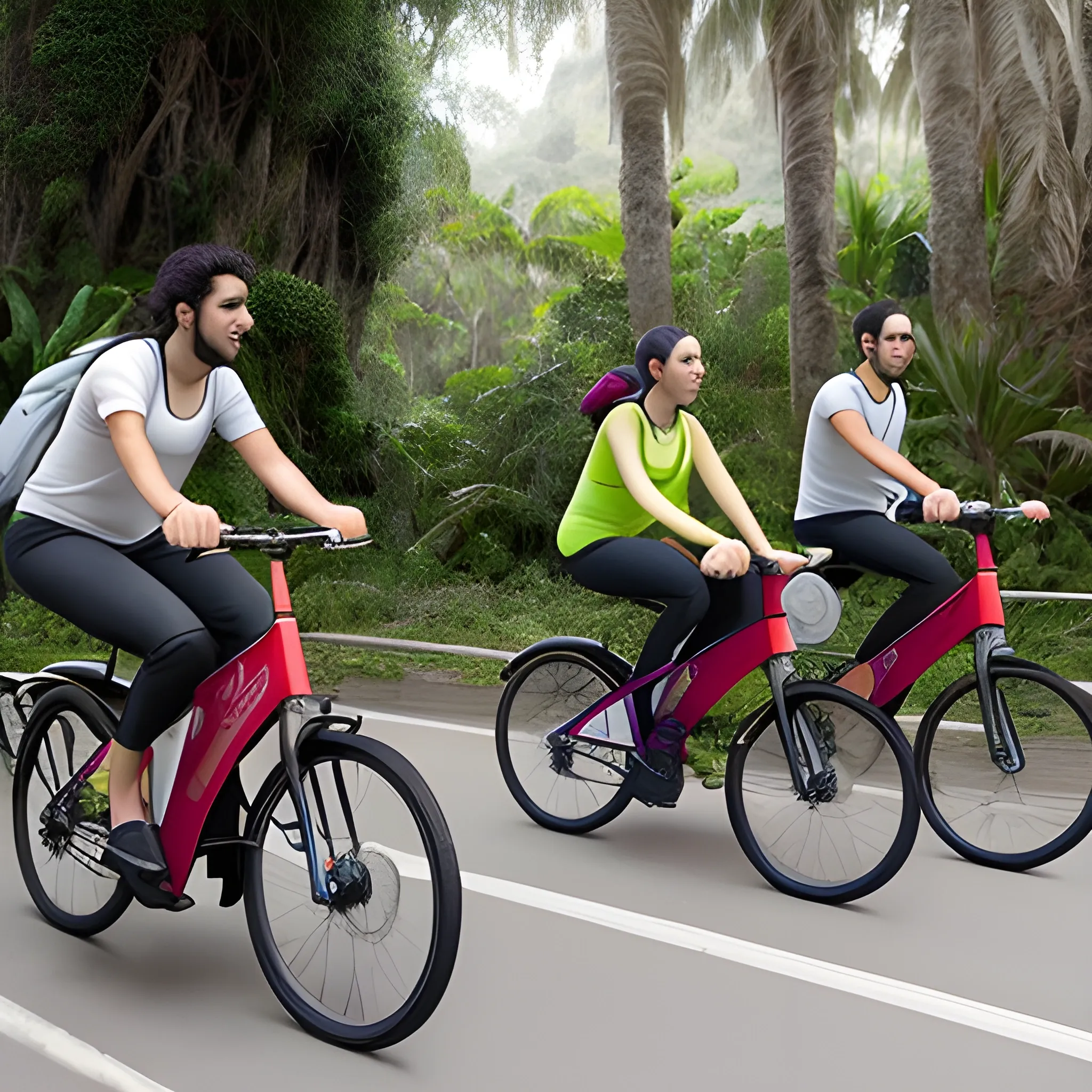 3 personas transportandose en bicicleta por la selva
