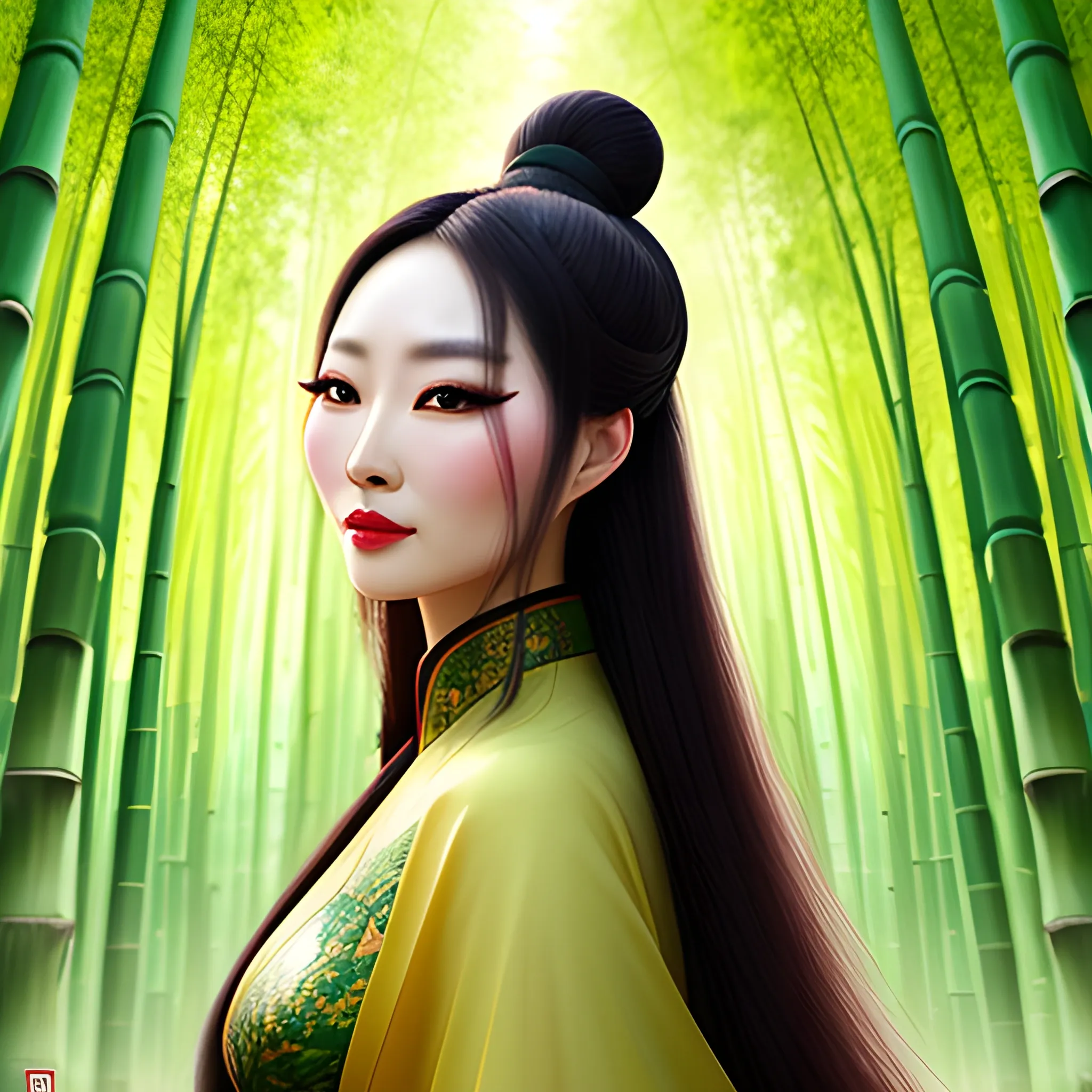 A beautiful Chinese girl, beautiful face, ancient bun, long hair, ancient Sui and Tang dynasties, fair skin, fairy tale style, surrounded by bamboo forest, green, dynamic expressiveness, pastel colors, sunny, light and shadow, gentle abstract painting, 8k--niji 5, 3D