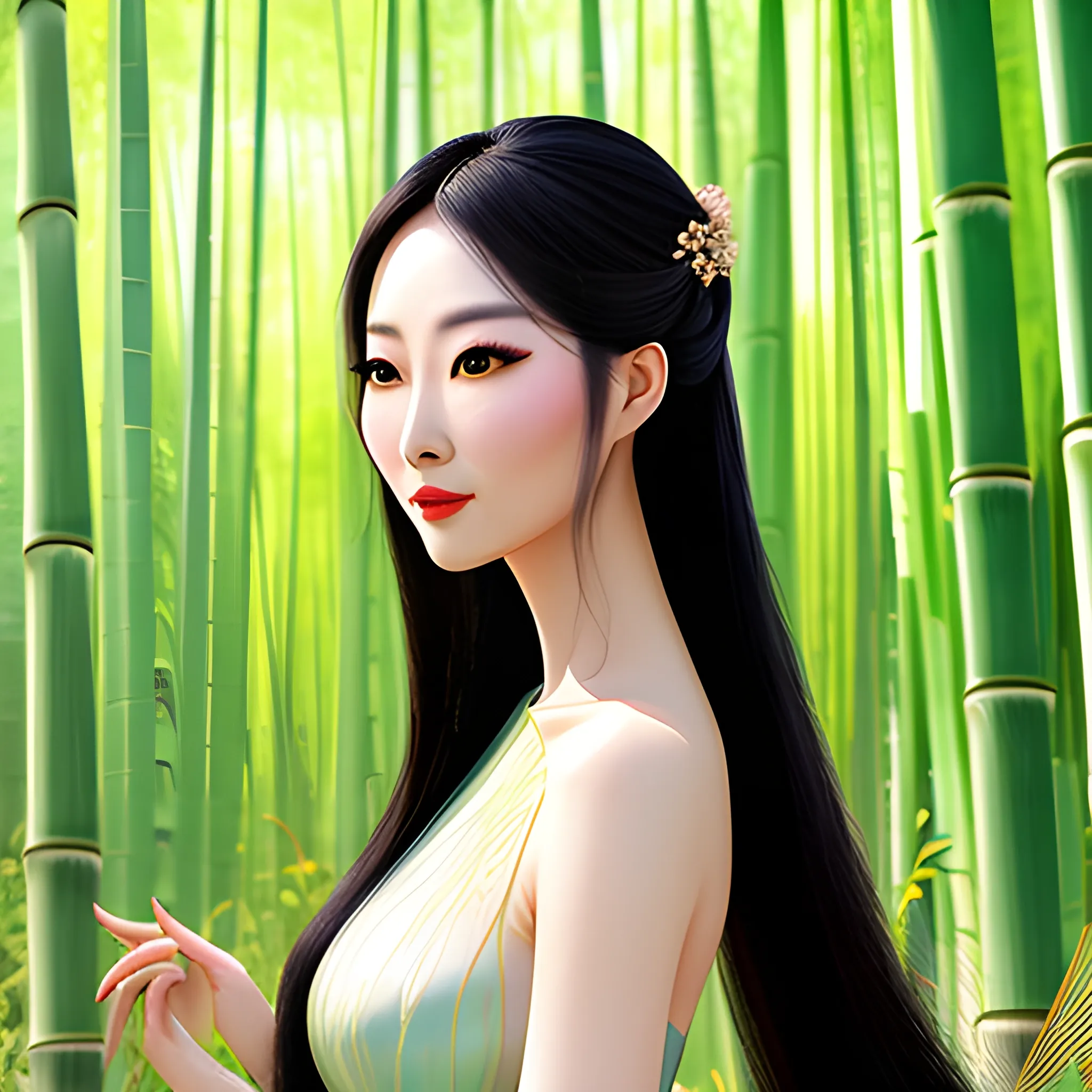 A beautiful Chinese girl, beautiful face, ancient bun, long hair, ancient Sui and Tang dynasties, fair skin, fairy tale style, surrounded by bamboo forest, green, dynamic expressiveness, pastel colors, sunny, light and shadow, gentle abstract painting, 8k--niji 5, 3D, Water Color