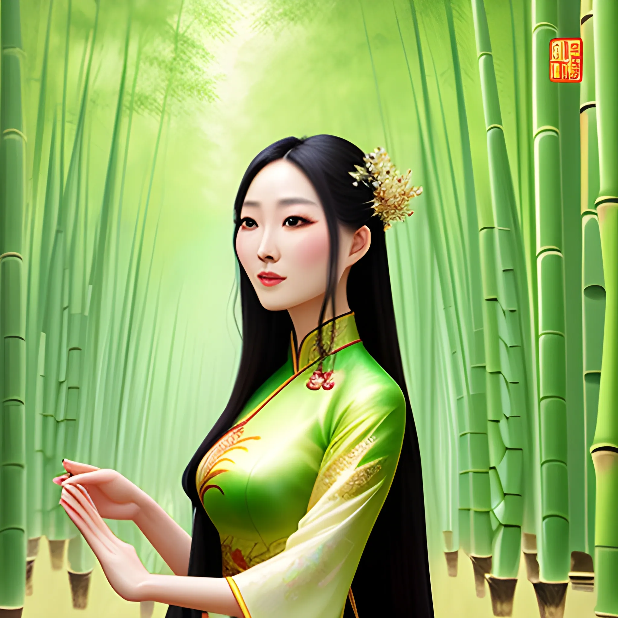 A beautiful Chinese girl, beautiful face, ancient bun, long hair, ancient Sui and Tang dynasties, fair skin, fairy tale style, surrounded by bamboo forest, green, dynamic expressiveness, pastel colors, sunny, light and shadow, gentle abstract painting, 8k--niji 5, 3D, Water Color, Oil Painting