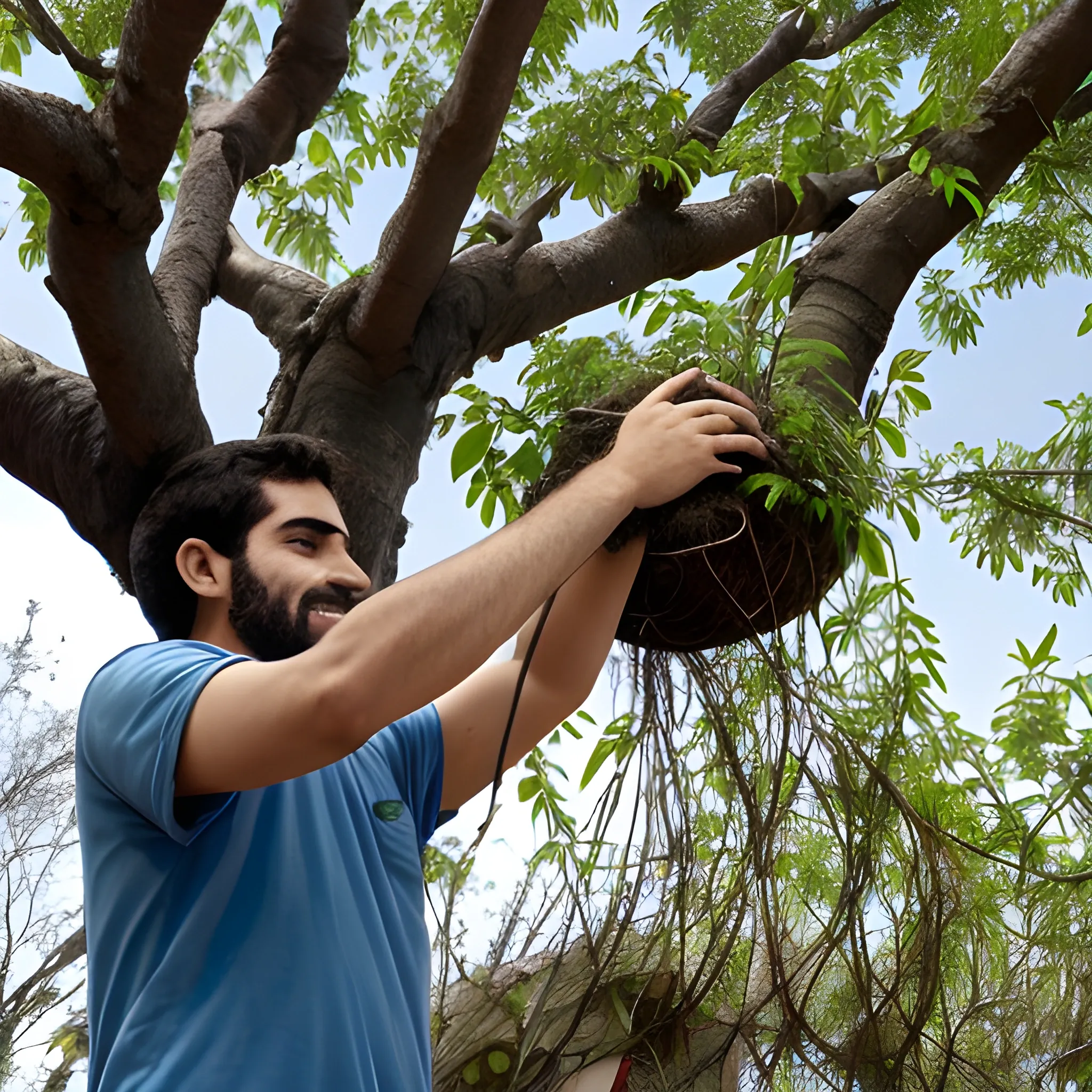 un hombre joven plantando un pequeño árbol subrealista
