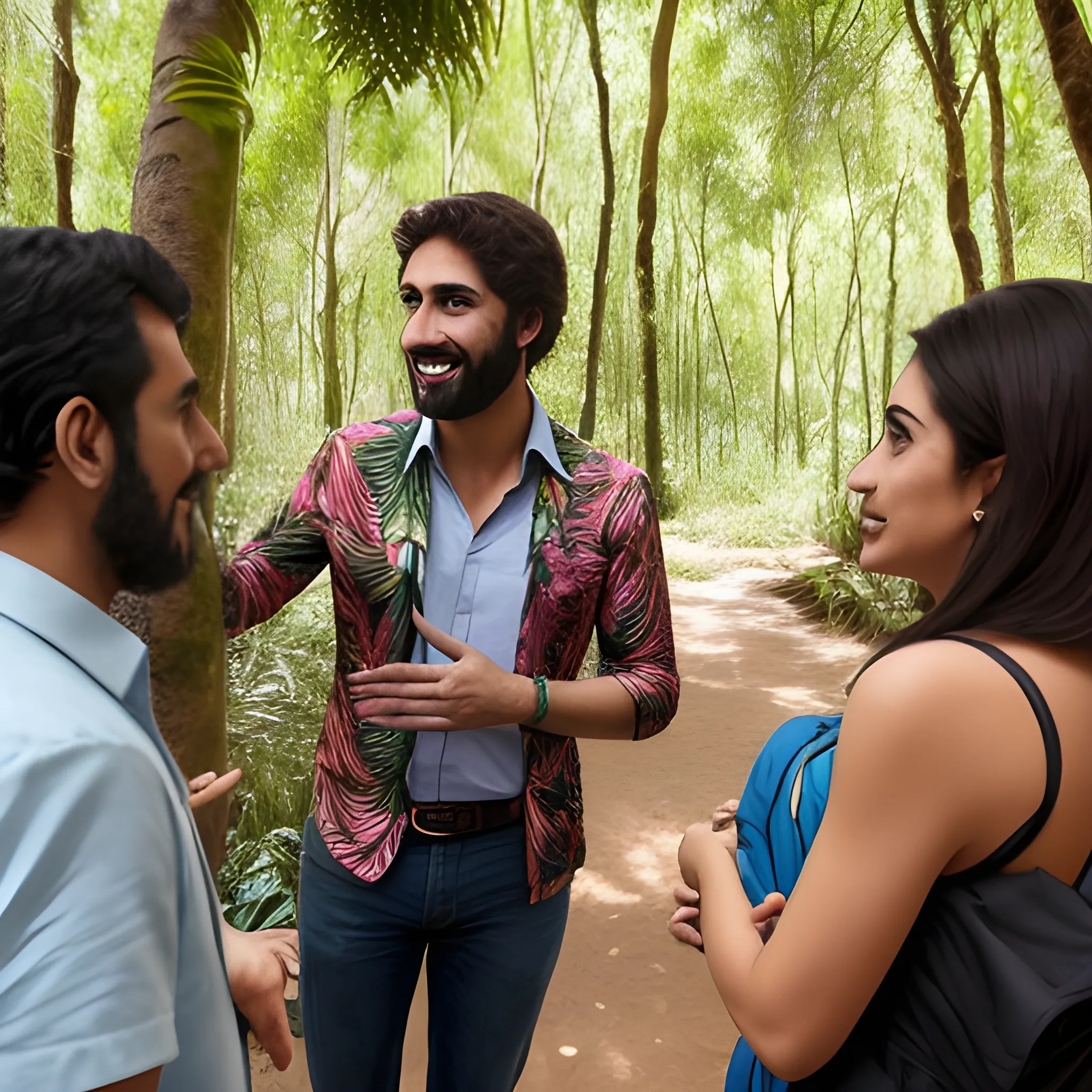 un hombre hablando a un grupo de mujeres e medio de un bosque tropical