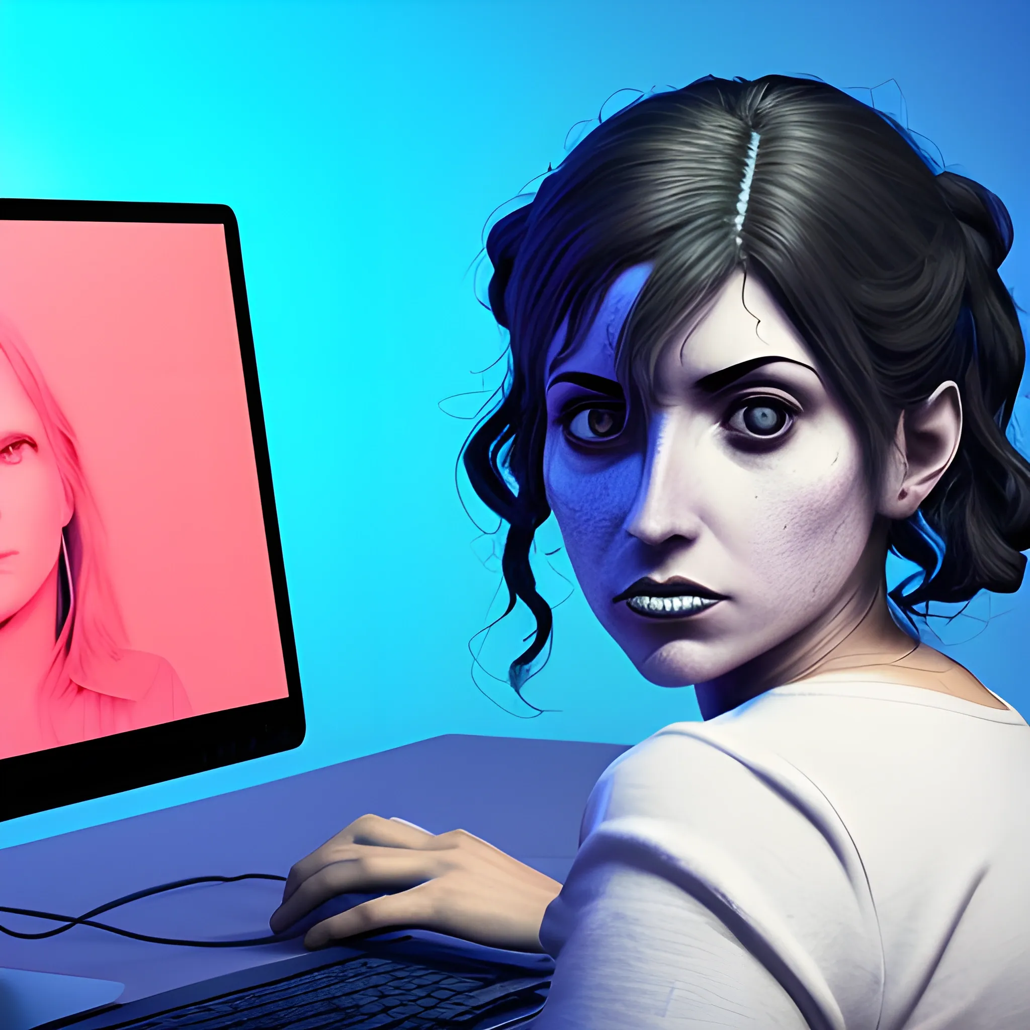 una mujer que tenga una mirada de miedo y tapándose la boca con un computador y en el computador una red social abierta
realista, 3D