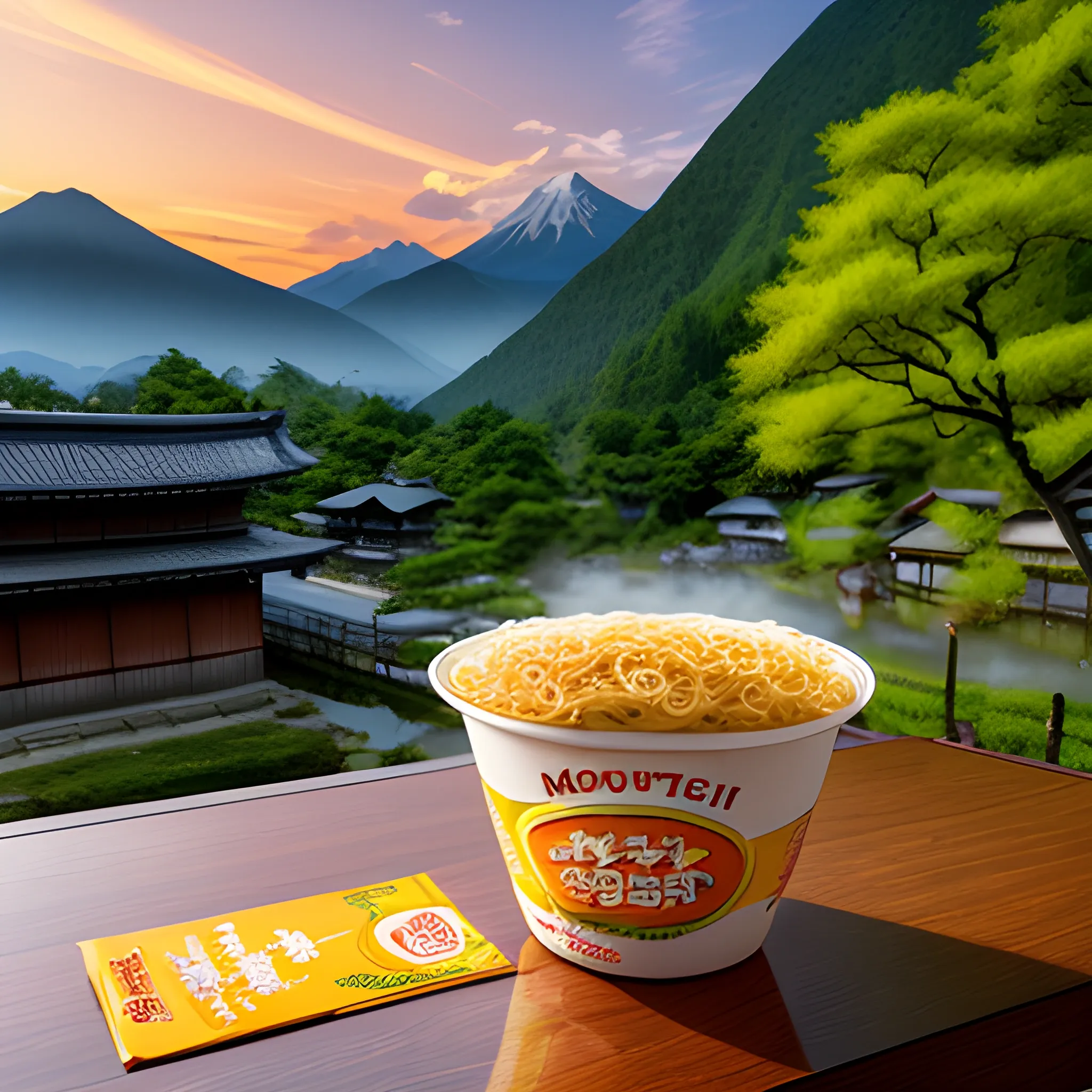 product photo of one packaged instant noodle in a beautiful village with a typical Japanese atmosphere, sunset, mountainous background, cool air, green trees, focus on the object, high resolution, photoreal