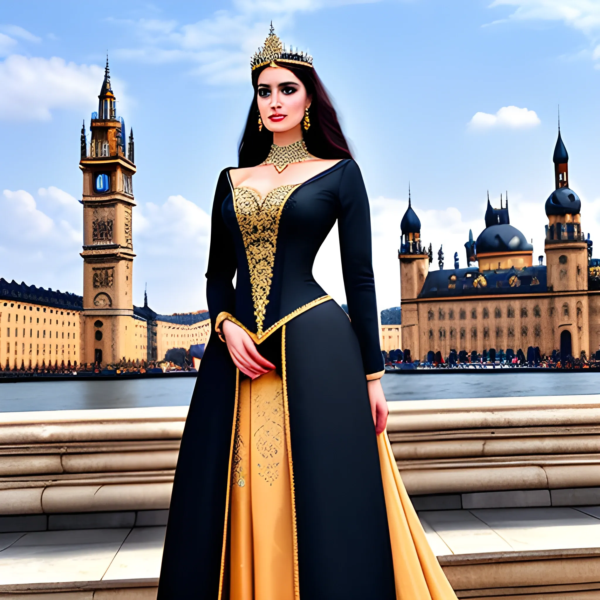 A charming young queen styled with long hair and elegant outfit with palatial buildings in the background