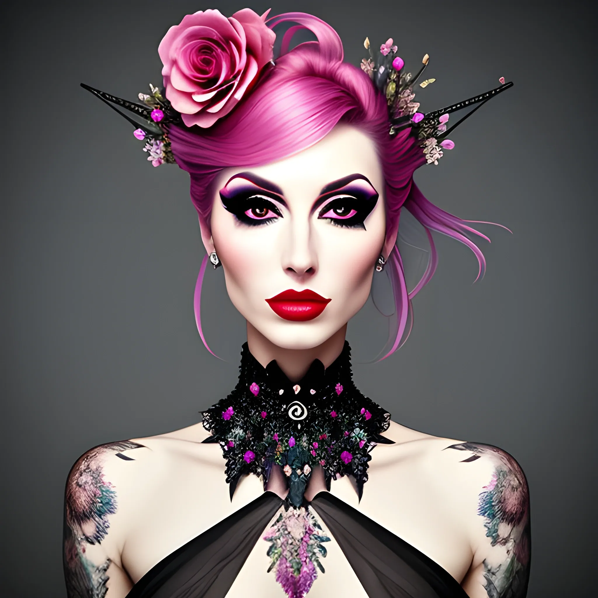 Portrait of a beautiful girl in bloom, mysterious and elegant floral punk fashion