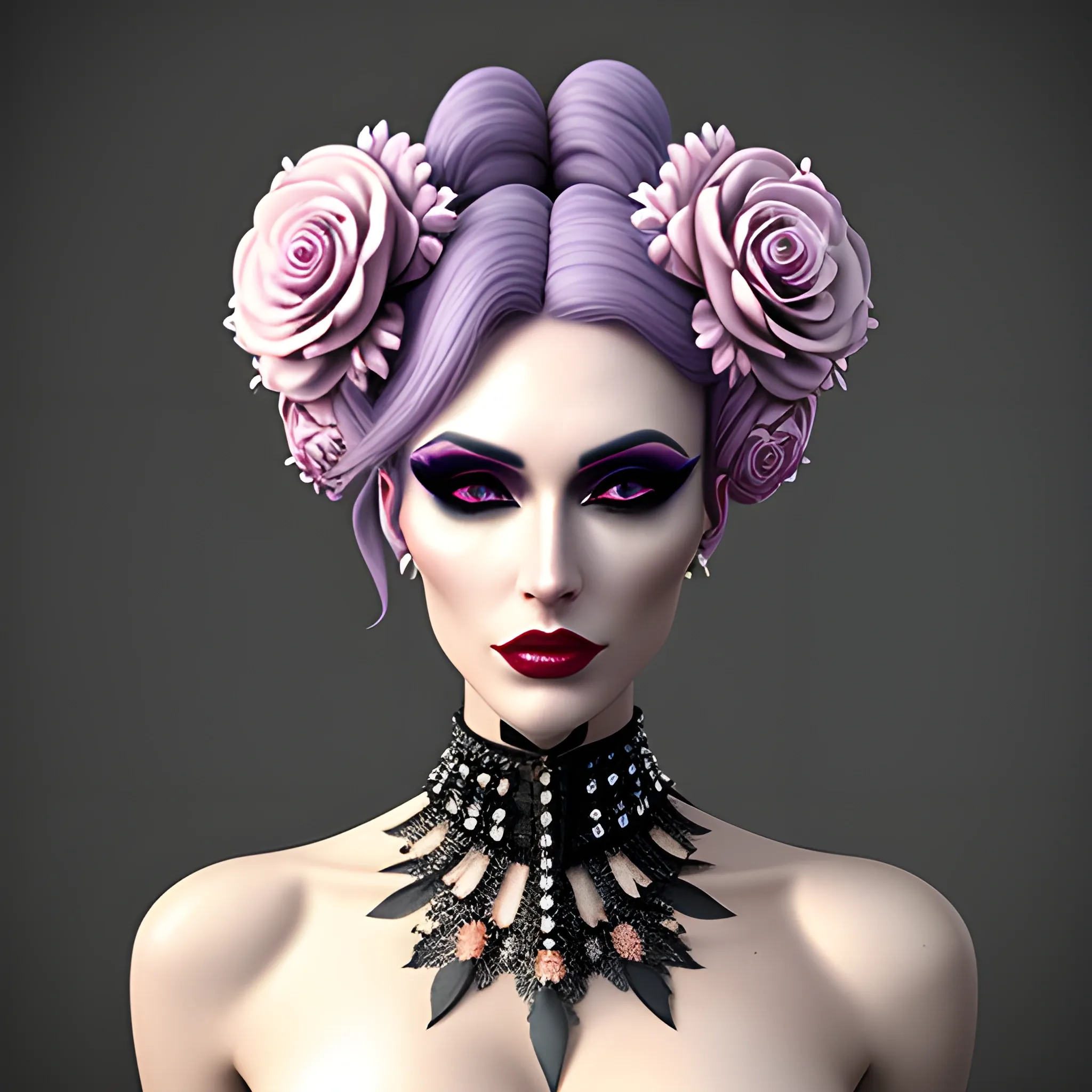Portrait of a beautiful girl in bloom, mysterious and elegant floral punk fashion, 3D