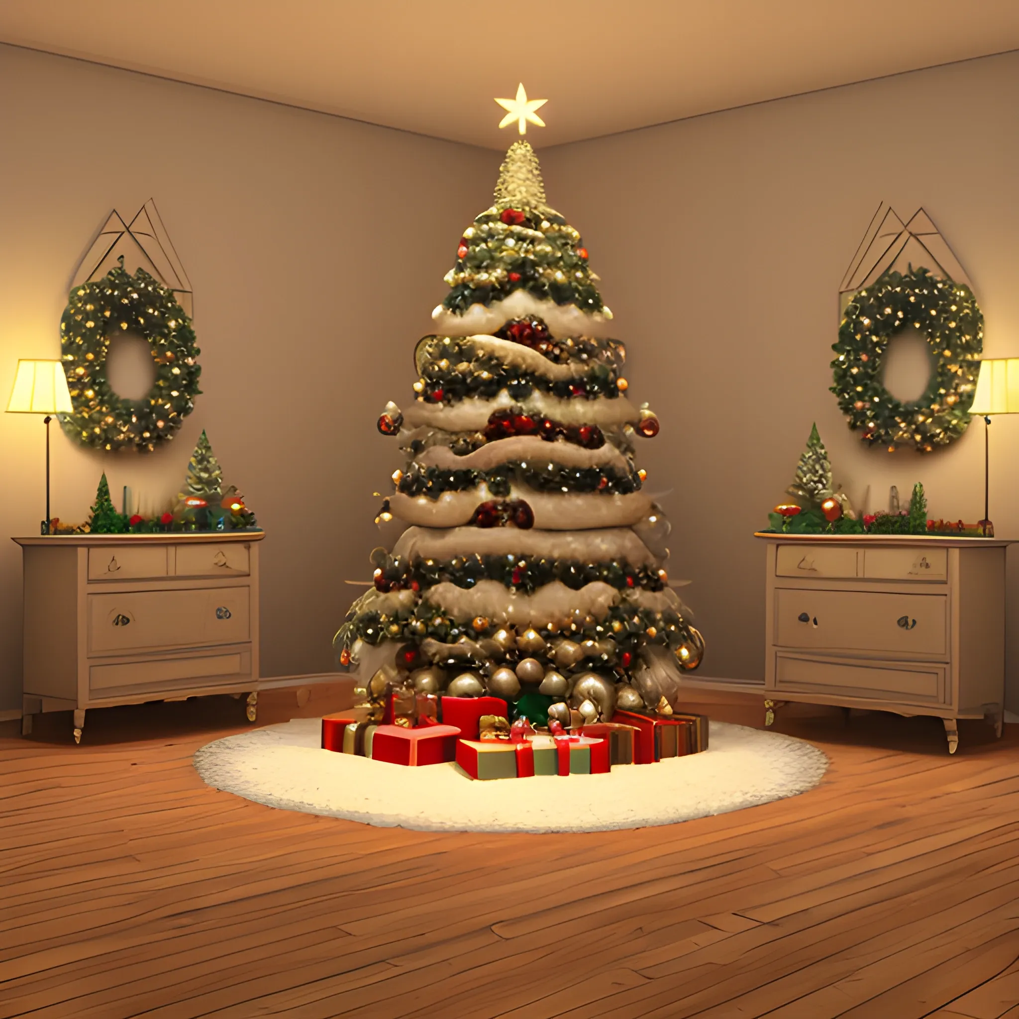 Liminal space hall with christmas decorations, 3D