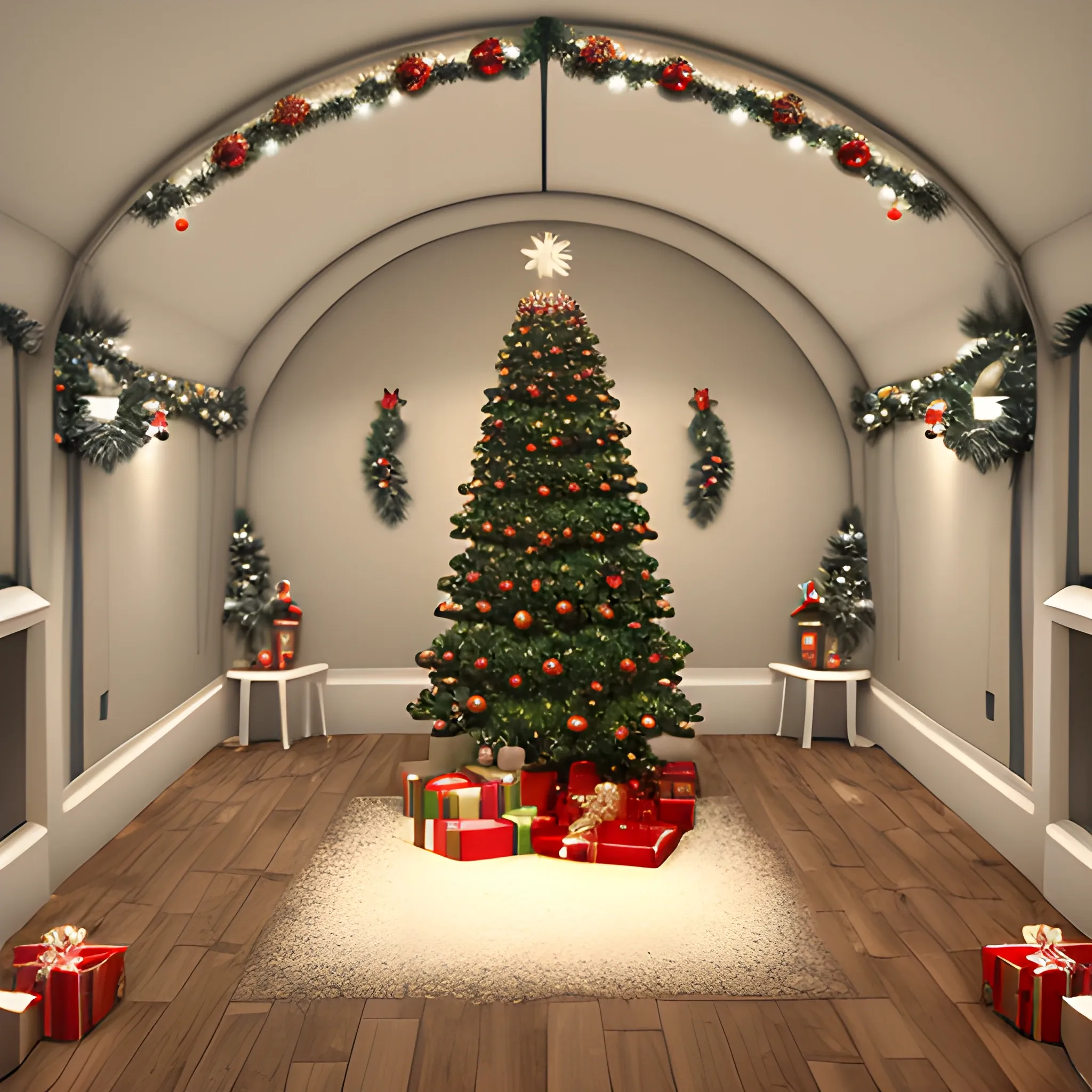 Liminal space hall with christmas decorations, 3D