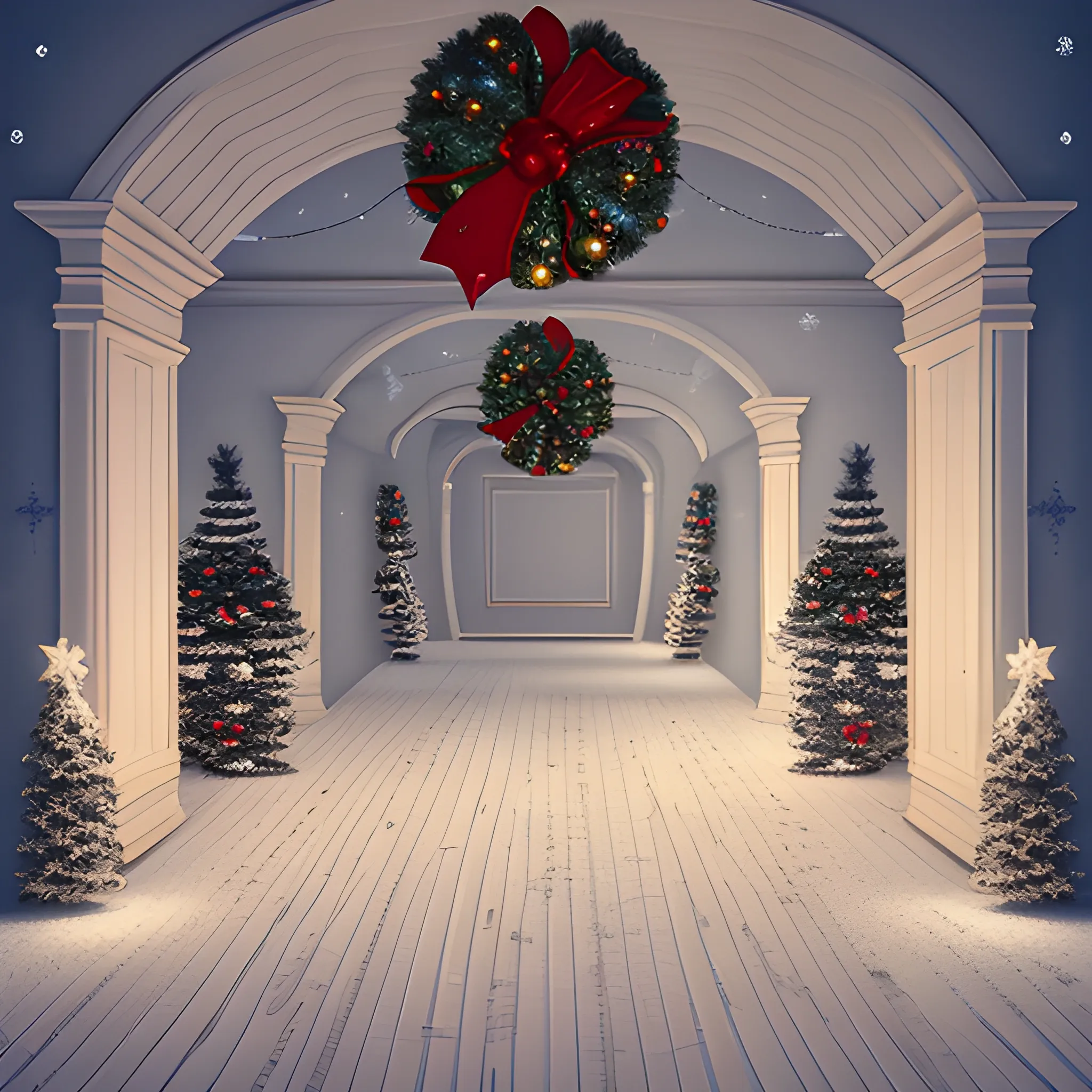 Liminal space hall with christmas decorations, 3D