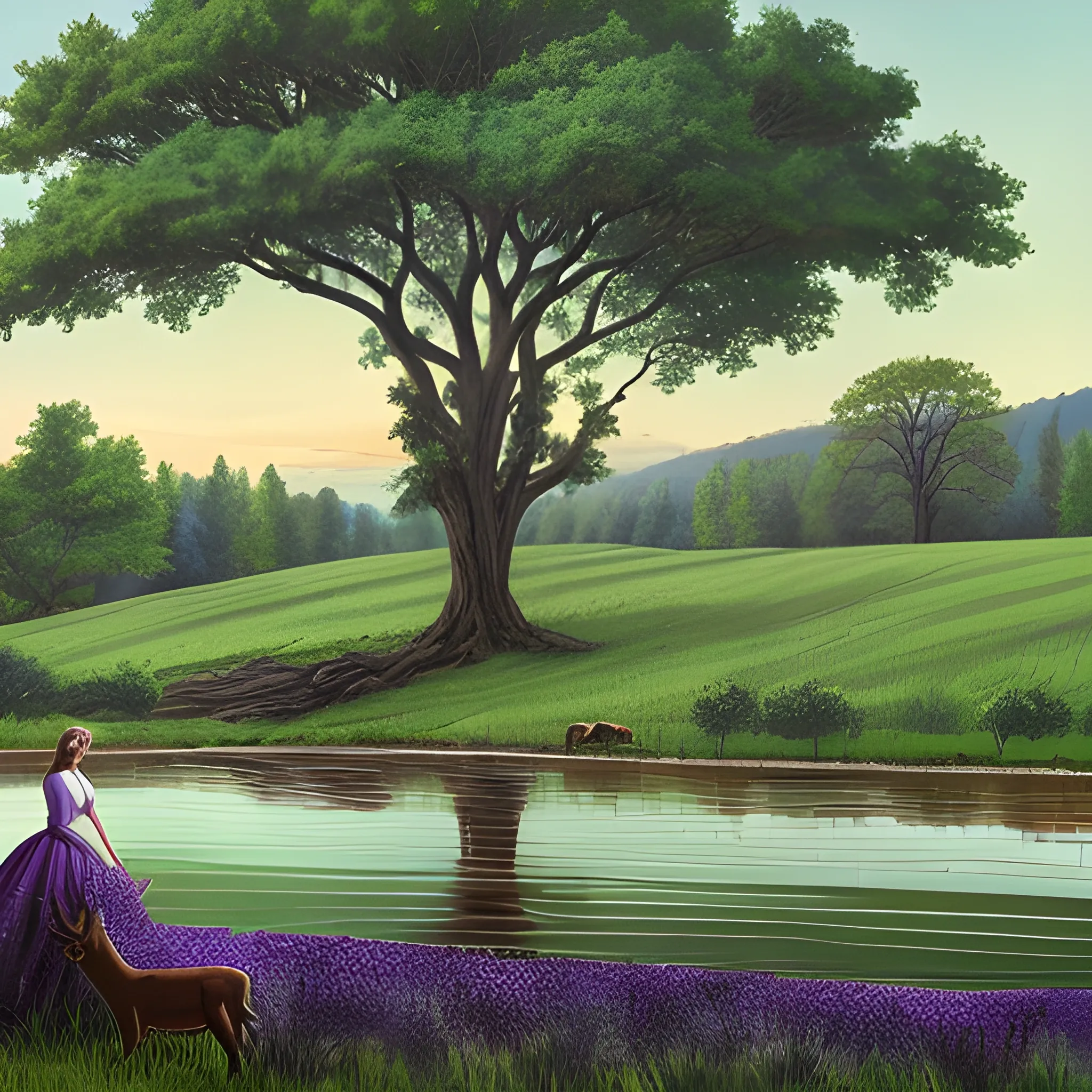 A large, leafy deep violet tree, in a meadow of green grass, with a river running through it, some deer in the background and a woman under the tree