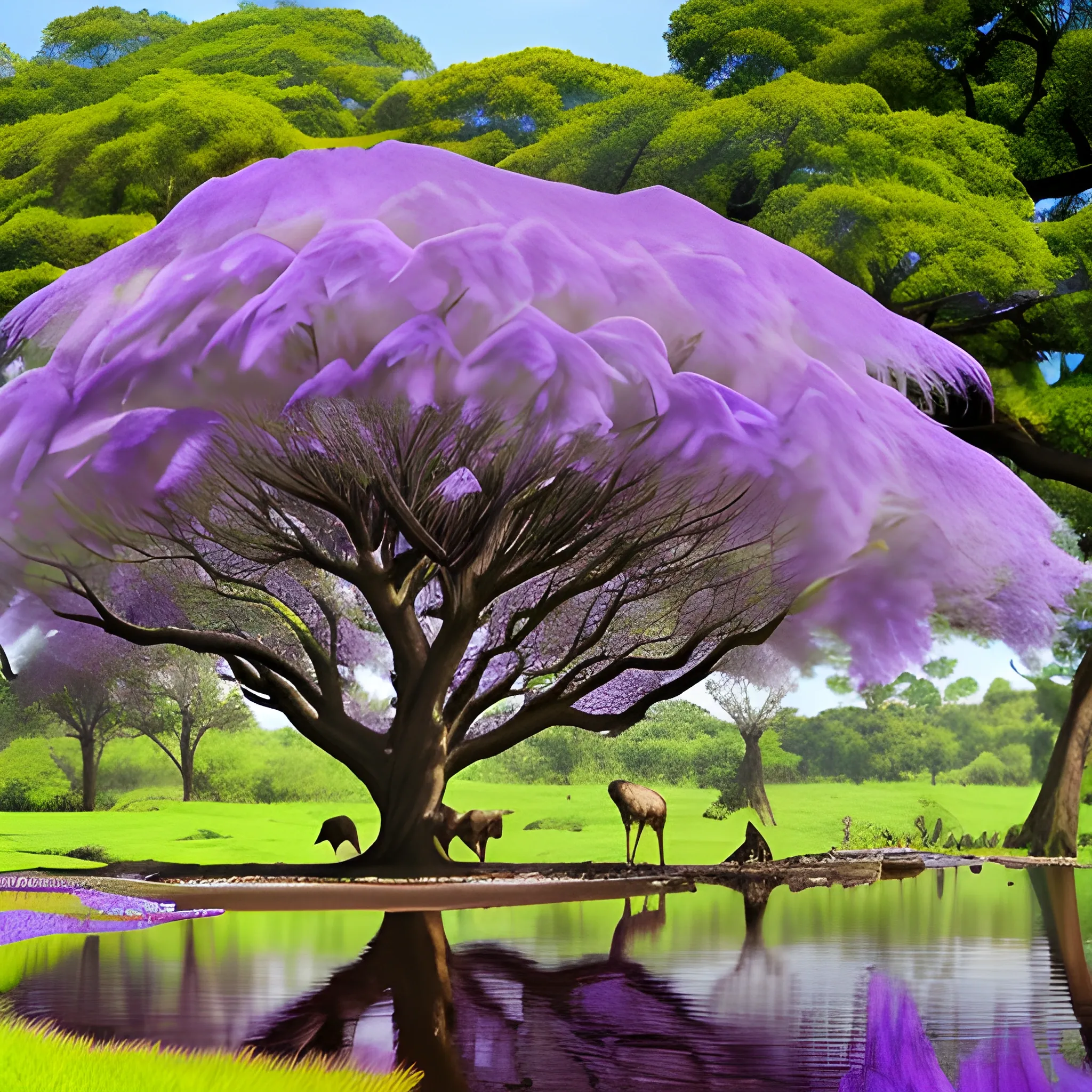  woman under the A large, leafy deep violet jacaranda tree, in a meadow of green grass, with a river running through it, some deer in the background and 