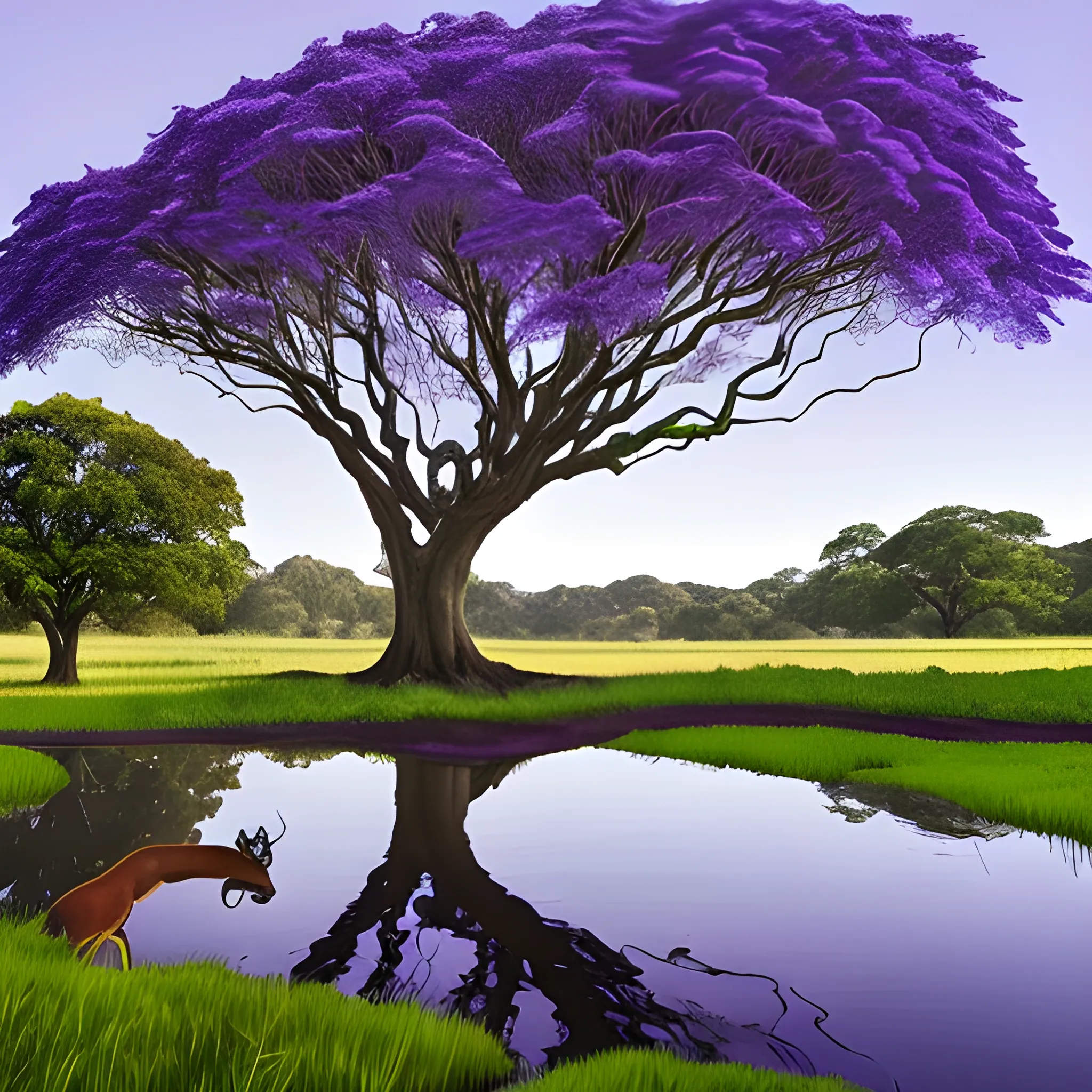  A large, leafy deep violet jacaranda tree, in a meadow of green grass, with a river running through it, some deer in the background and 