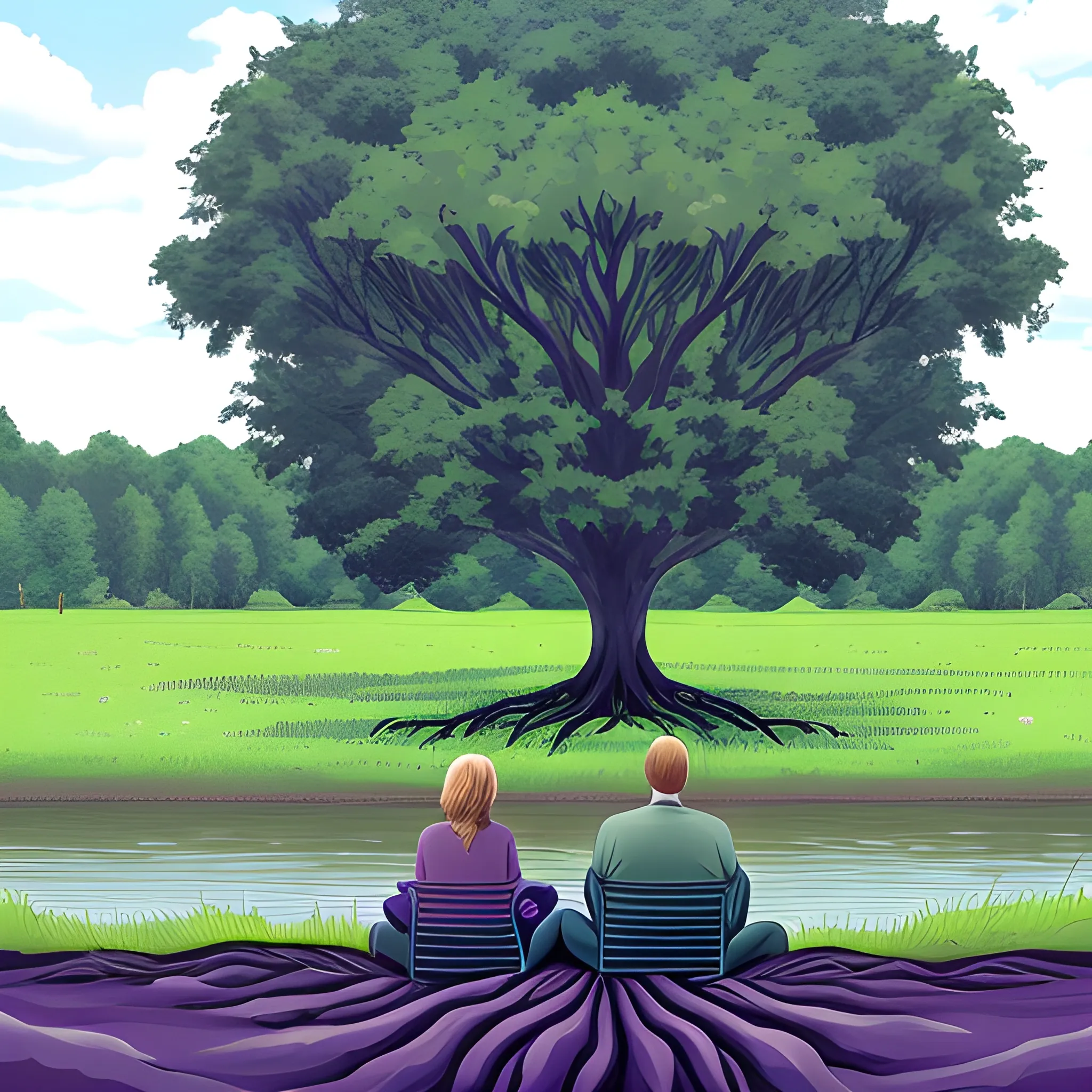  Large, leafy dark violet tree, in a meadow of green grass, with a river running through it, some birds in the background, a couple sitting at the foot of the tree