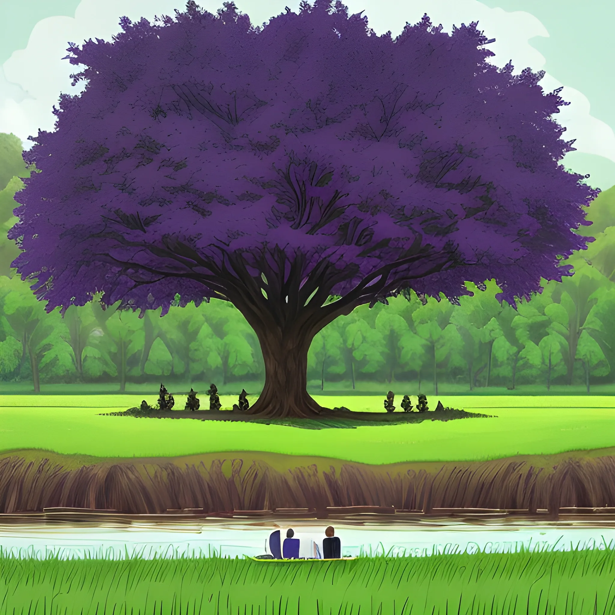  Large, leafy dark violet tree, in a meadow of green grass, with a river running through it, some birds in the background, a couple sitting at the foot of the tree