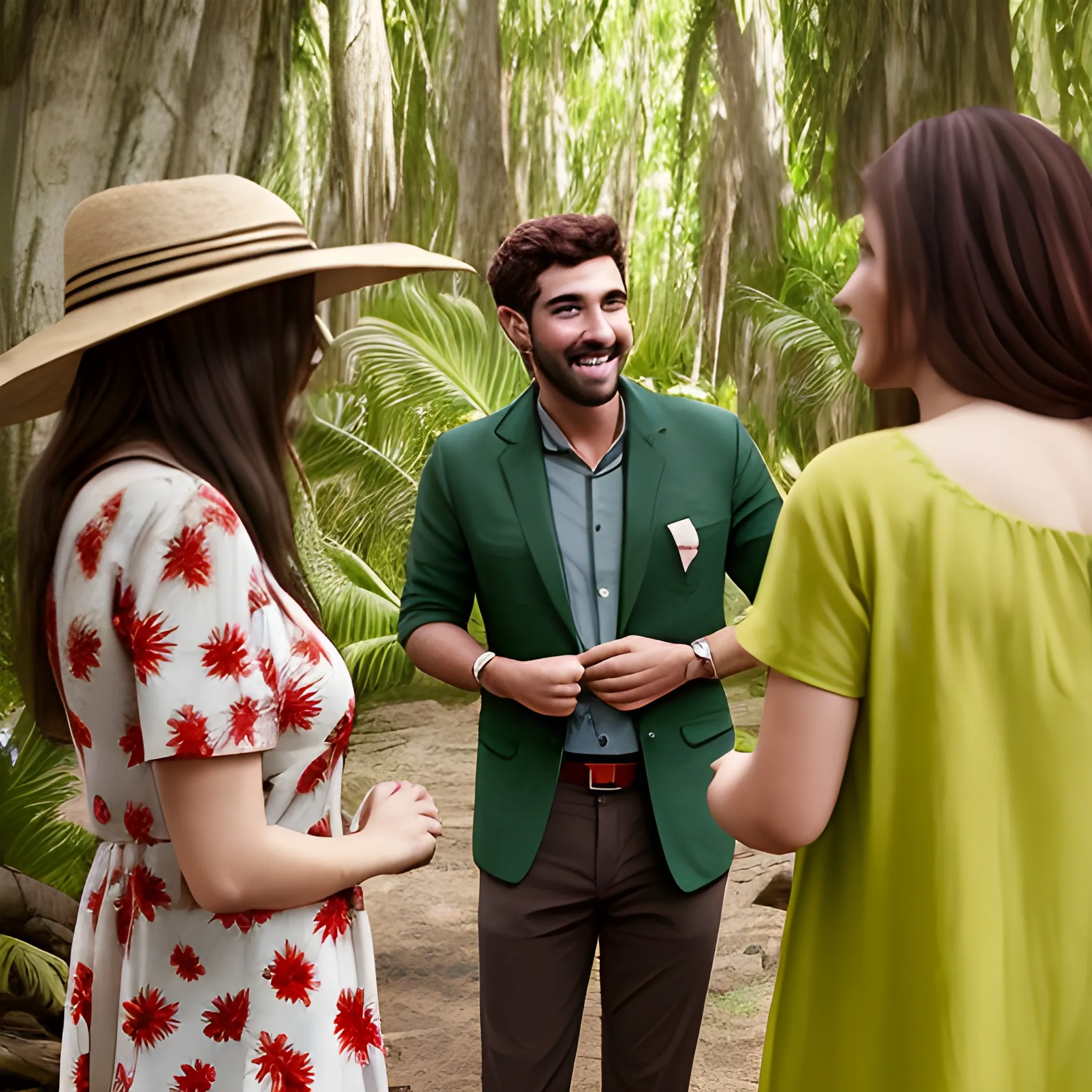 un hombre vestido con ropa de campo hablando a un grupo de mujeres e medio de un bosque tropical