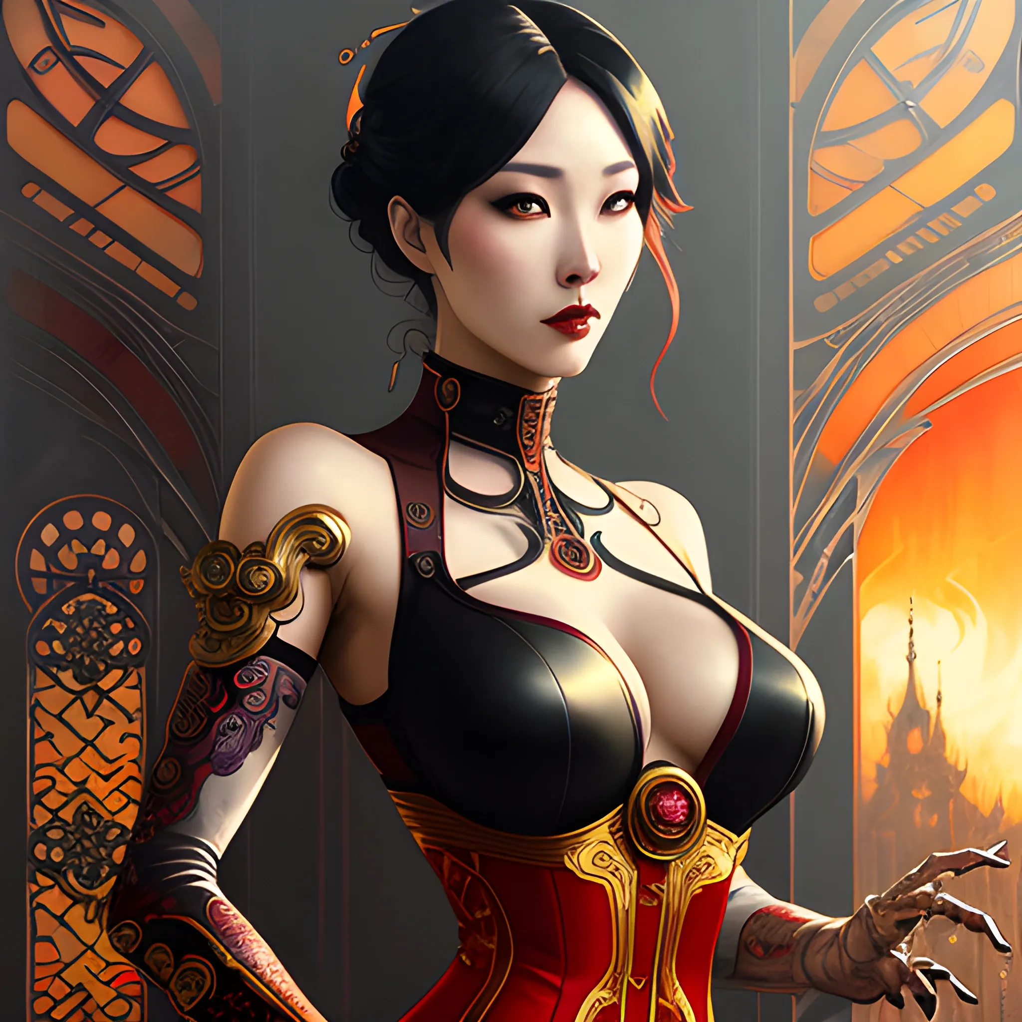  art nouveau elements with good looking. nice dolled gothic korean girl Suzy, tight over-the-knee socks, surrounded by  surrounded by smoke in the background,, silver red and gold art nouveau elements  in the background, high contrast, dark art  by Greg Rutkowski, intricate detail, intensive warm colors, hyper realistic, intricate detail, , Trippy