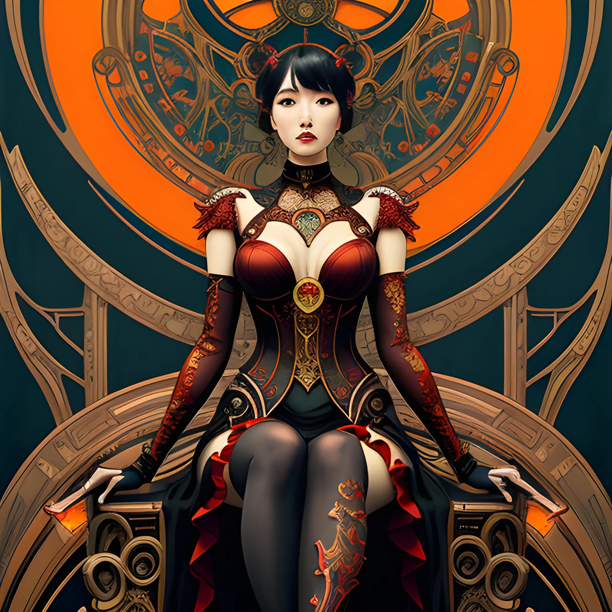  art nouveau elements with good looking. nice dolled gothic korean girl IU, tight over-the-knee socks, surrounded by  surrounded by smoke in the background,, silver red and gold art nouveau elements  in the background, high contrast, dark art  by Greg Rutkowski, intricate detail, intensive warm colors, hyper realistic, intricate detail, , Trippy