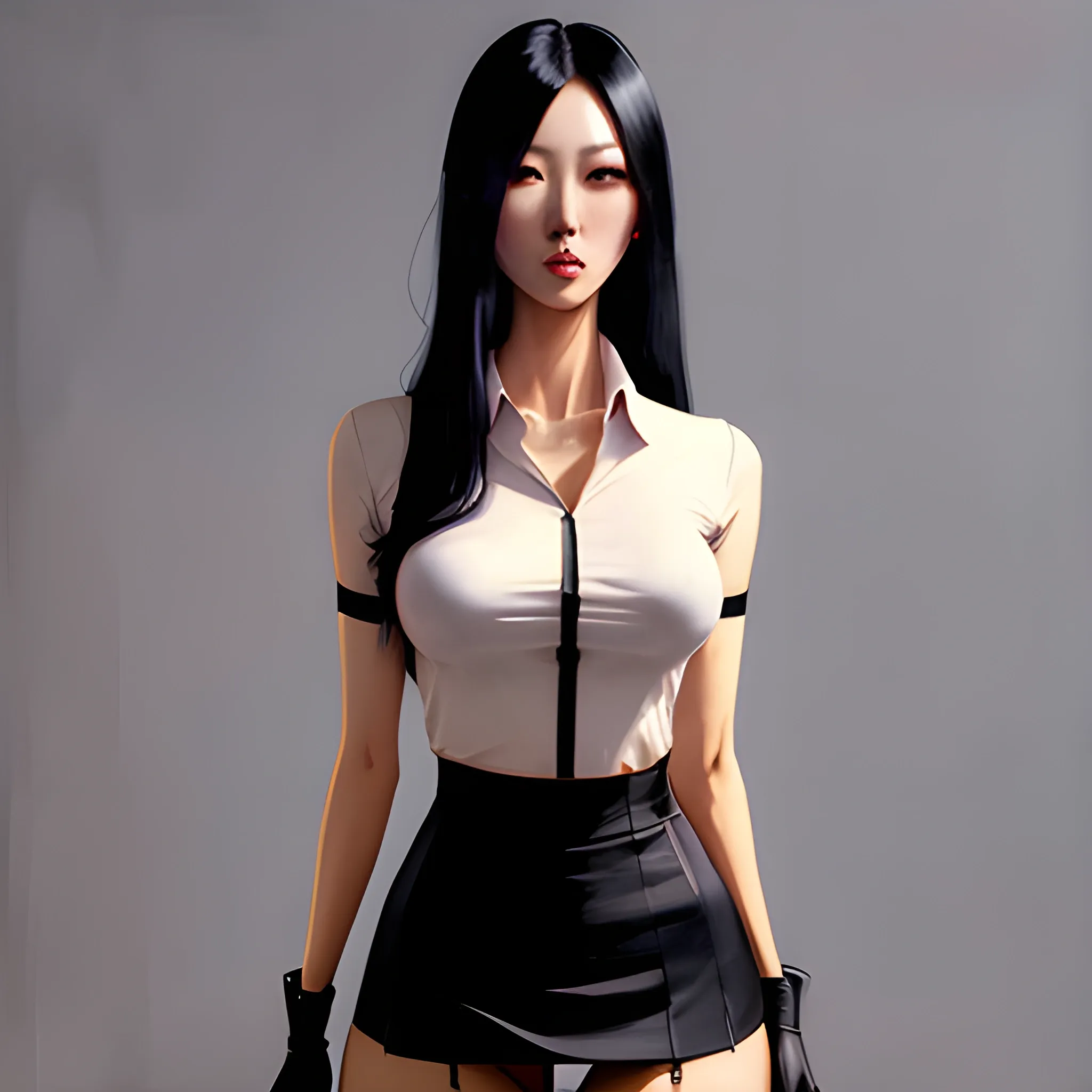 dark painting, intensive colors, casual fashion shot of a Beautiful sexy korean female teacher wearing stockings , knee-chest position, longhaired, symmetric face, manga eyes,  full figure, fit, miniskirt, tight shirt, collar, with classroom in background, sinister art by Greg Rutkowski, Oil Painting