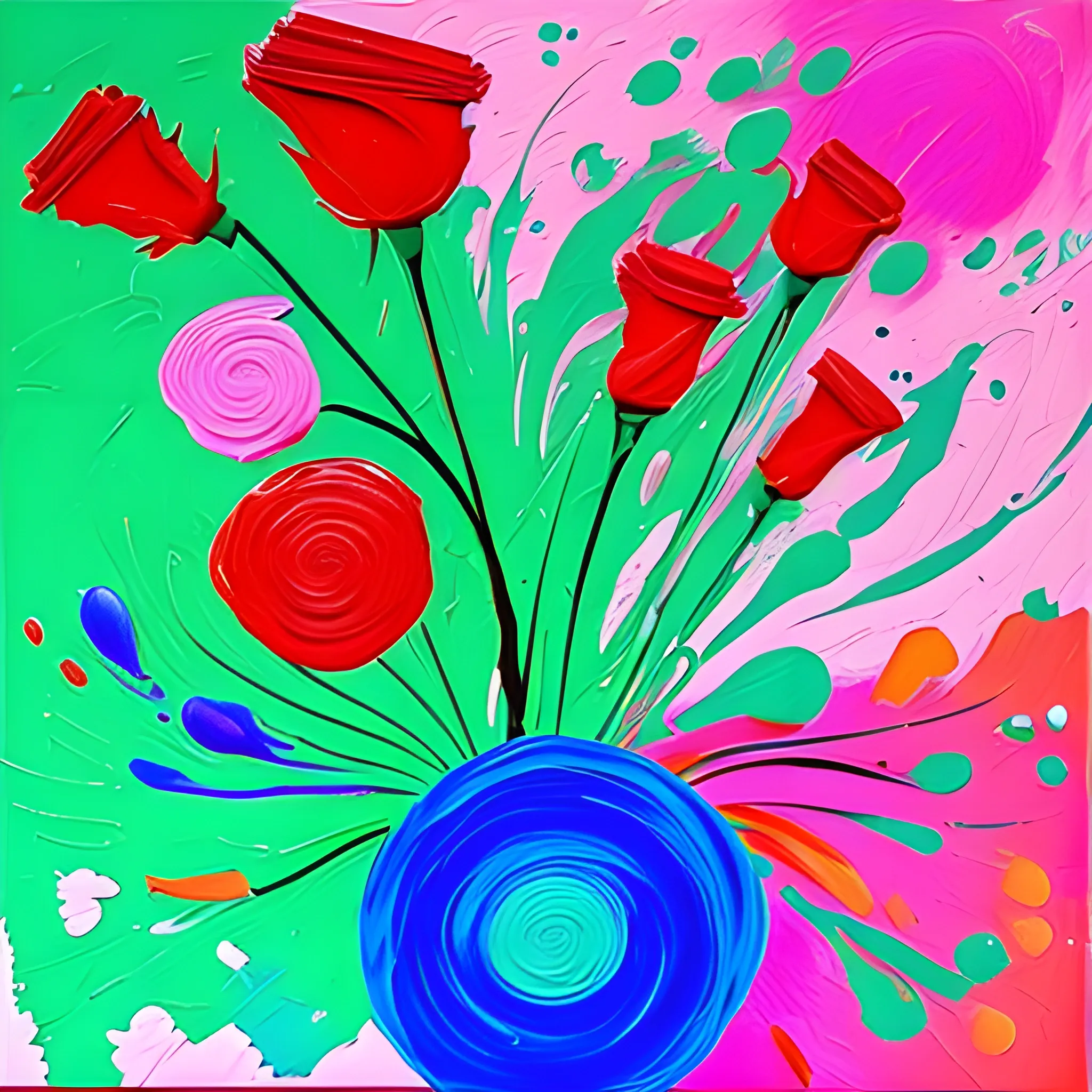 pintura al oleo abstracta con colores vivos rosas, azules, verdes y anaranjados
