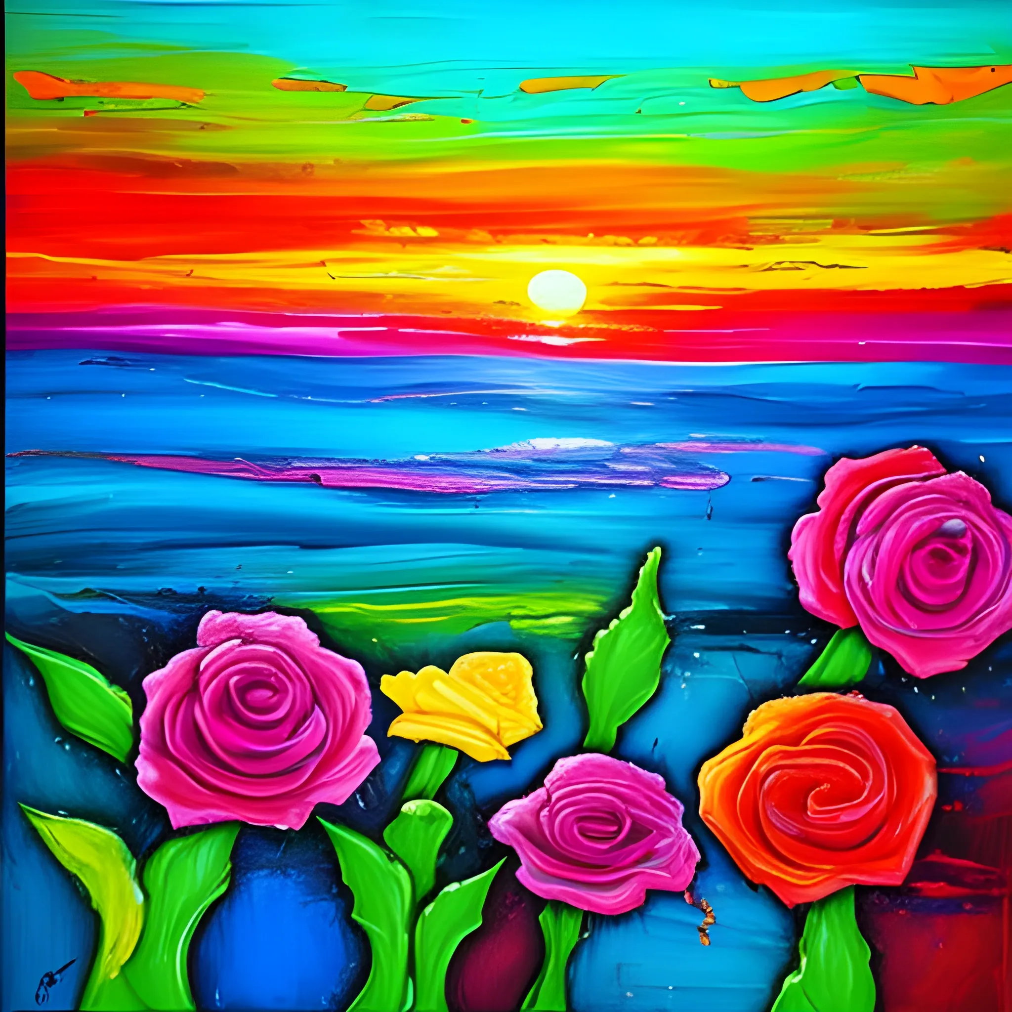 pintura al oleo abstracta con colores vivos rosas, azules, verdes y anaranjados, en puesta de sol con trazos marcados y difumidado

