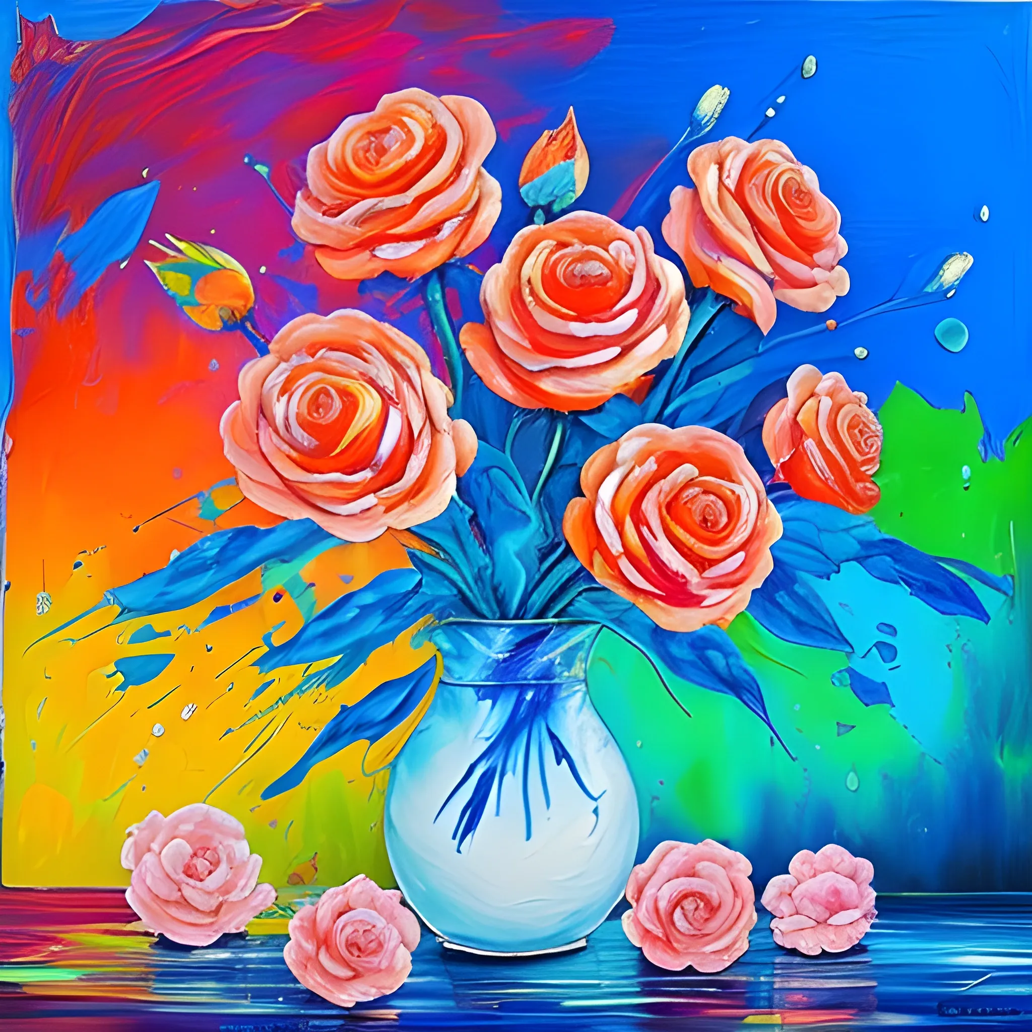 pintura al oleo abstracta con colores vivos rosas, azules, verdes y anaranjados, en puesta de sol con trazos marcados y difumidado. Utiliza mas tonos azules y tonos rosas


