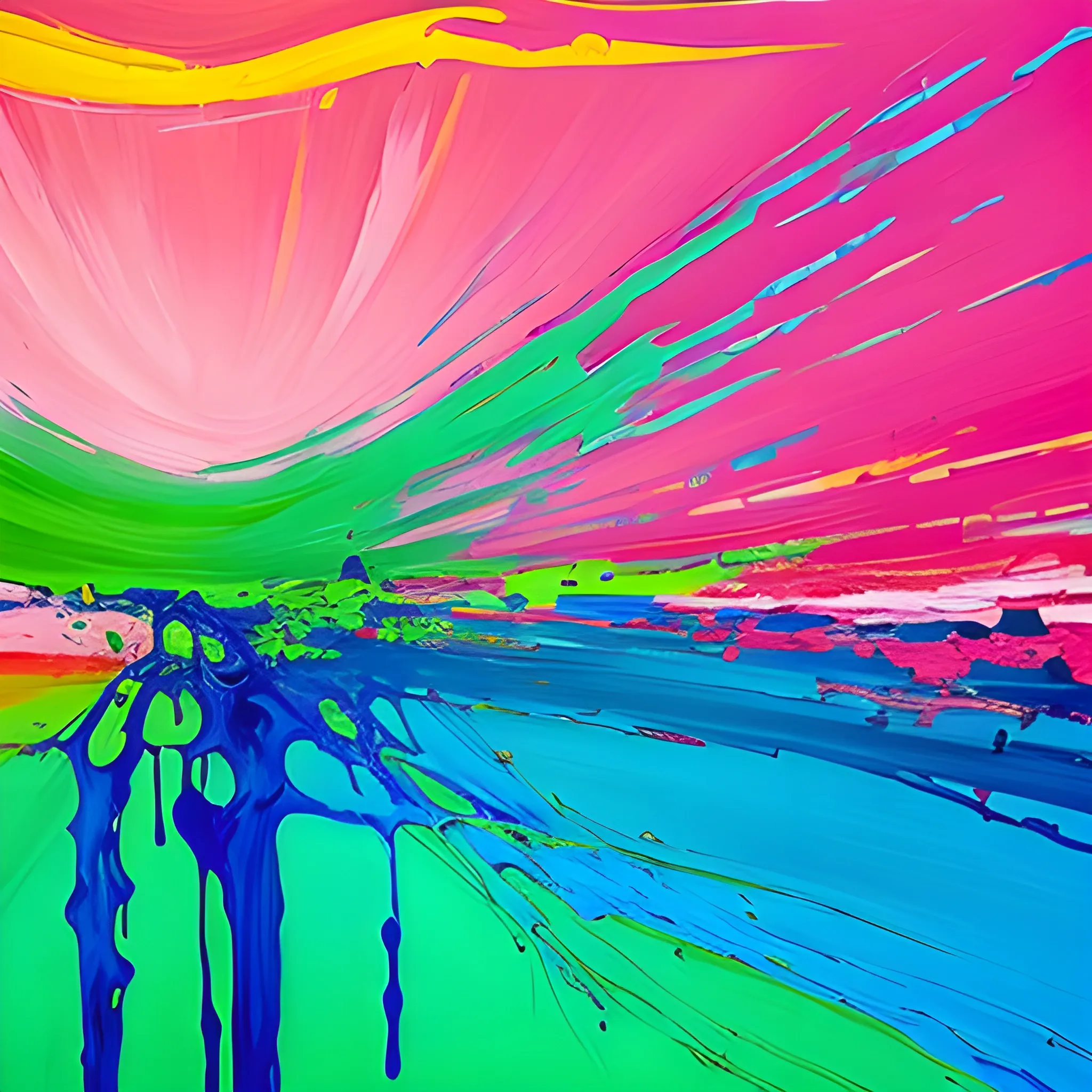 pintura al oleo abstracta con colores vivos en tonos rosas, azules, verdes y anaranjados, en puesta de sol con trazos marcados y difumidado. Utiliza mas tonos azules y tonos rosas


