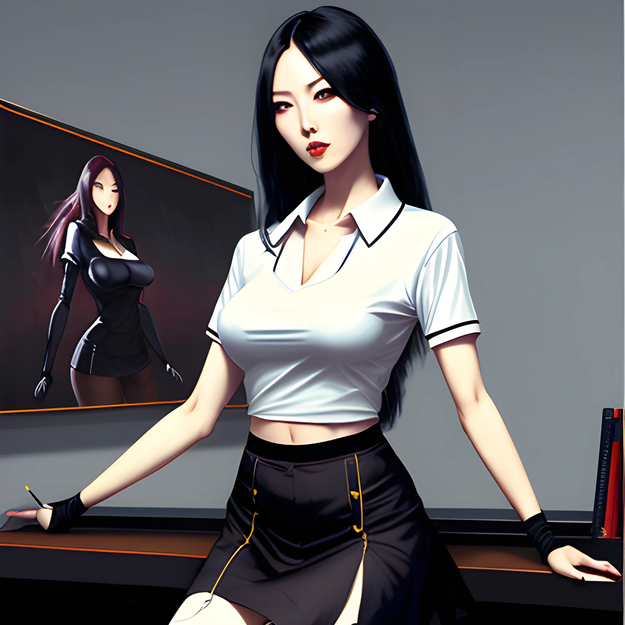 dark painting, intensive colors, casual fashion shot of a Beautiful sexy korean female teacher wearing stockings , knee-chest position, longhaired, symmetric face, manga eyes,  full figure, fit, miniskirt, tight shirt, collar, with classroom in background, sinister art by Greg Rutkowski, Oil Painting