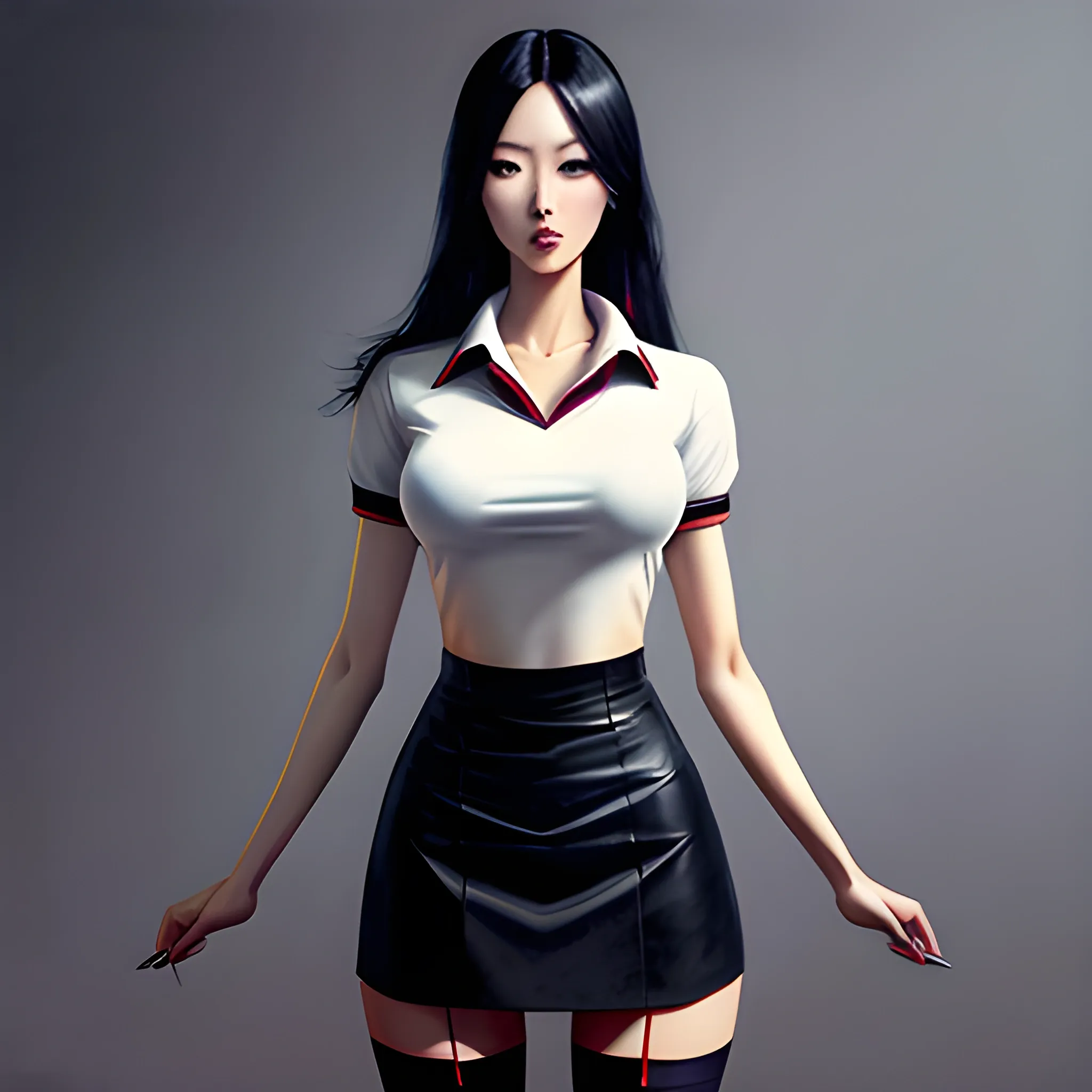 dark painting, intensive colors, casual fashion shot of a Beautiful sexy korean female teacher wearing stockings , knee-chest position, longhaired, symmetric face, manga eyes,  full figure, fit, miniskirt, tight shirt, collar, with classroom in background, sinister art by Greg Rutkowski, Oil Painting