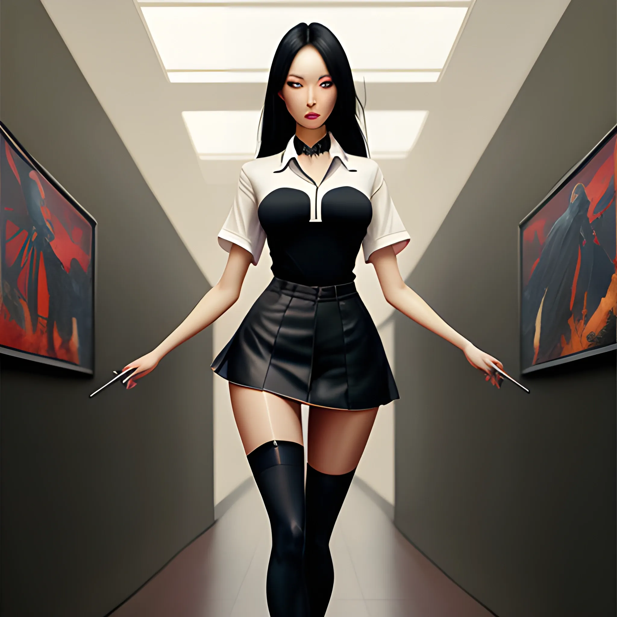 dark painting, intensive colors, classroom,, casual fashion shot of a Beautiful sexy korean female teacher wearing stockings ,   longhaired, symmetric face, manga eyes,  full figure, fit, miniskirt, tight shirt, collar, legs, knees, with classroom in background, sinister art by Greg Rutkowski, Oil Painting