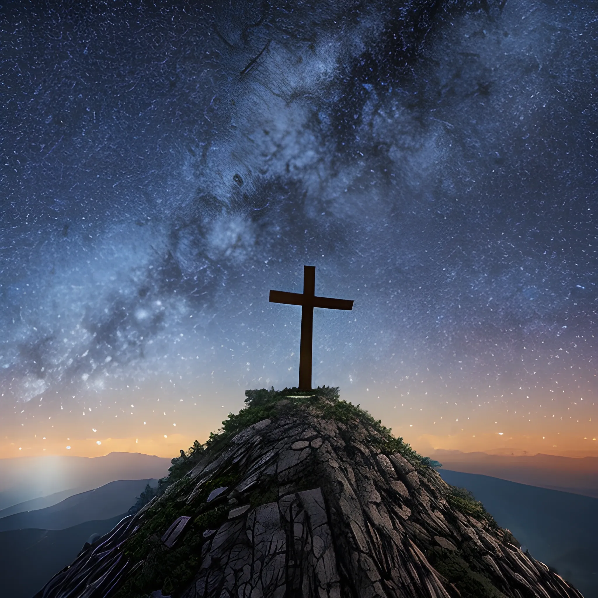 a cross on a mountain with starry sky