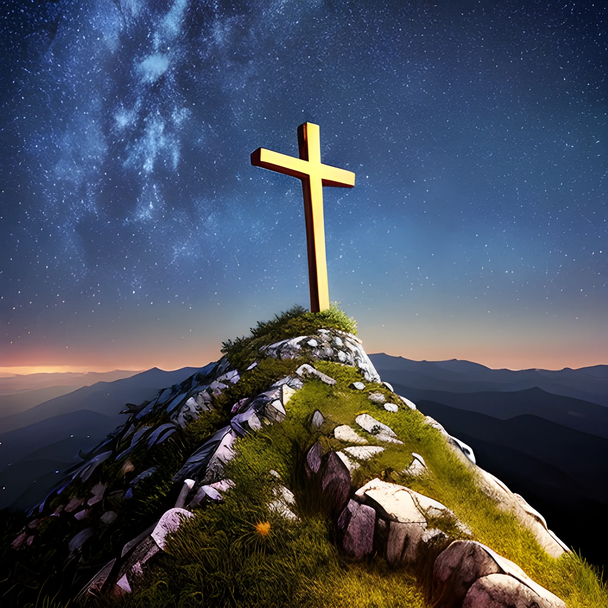 a cross on a mountain with starry sky