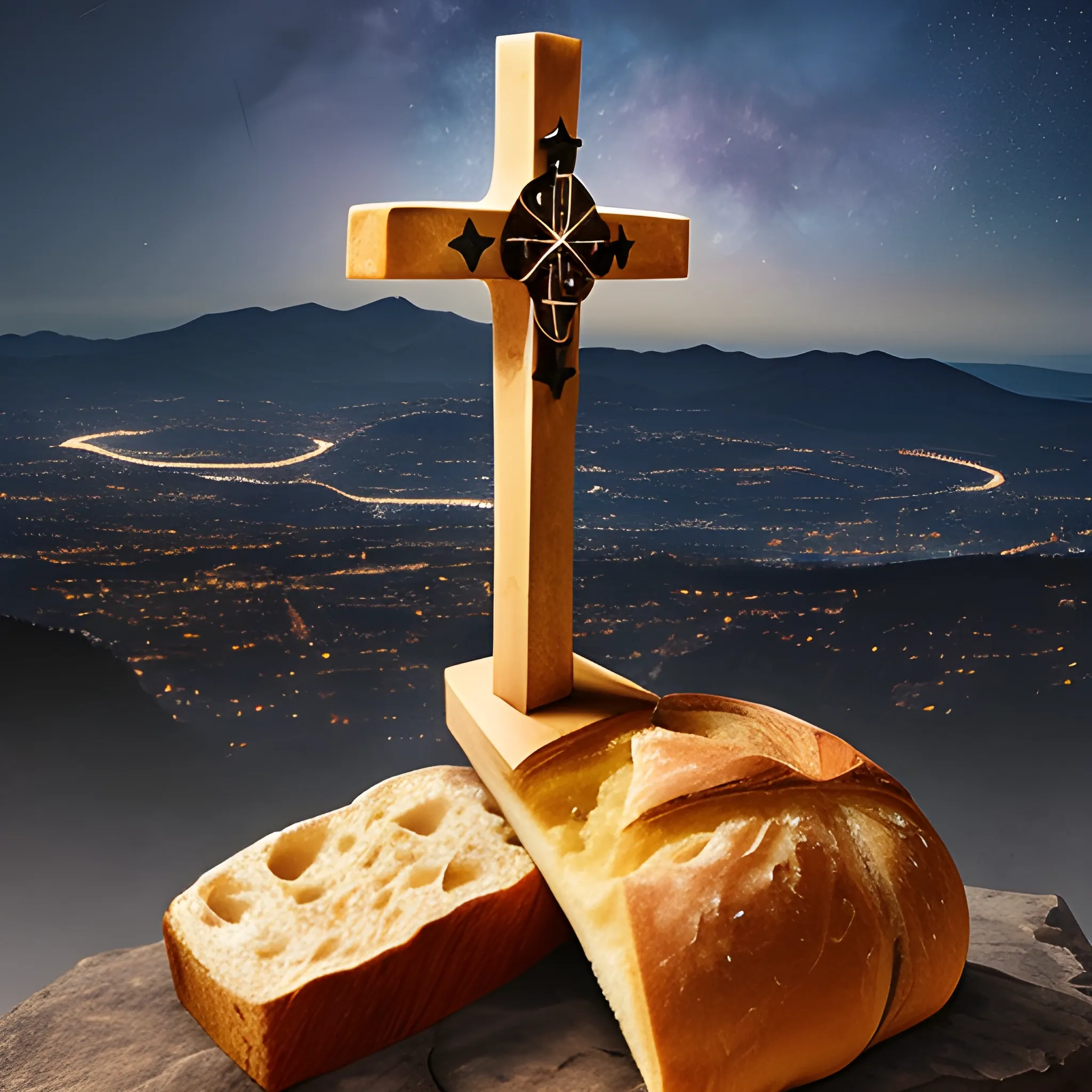 a cross on a mountain with a starry sky, in the bottom corner people are fighting over a piece of bread