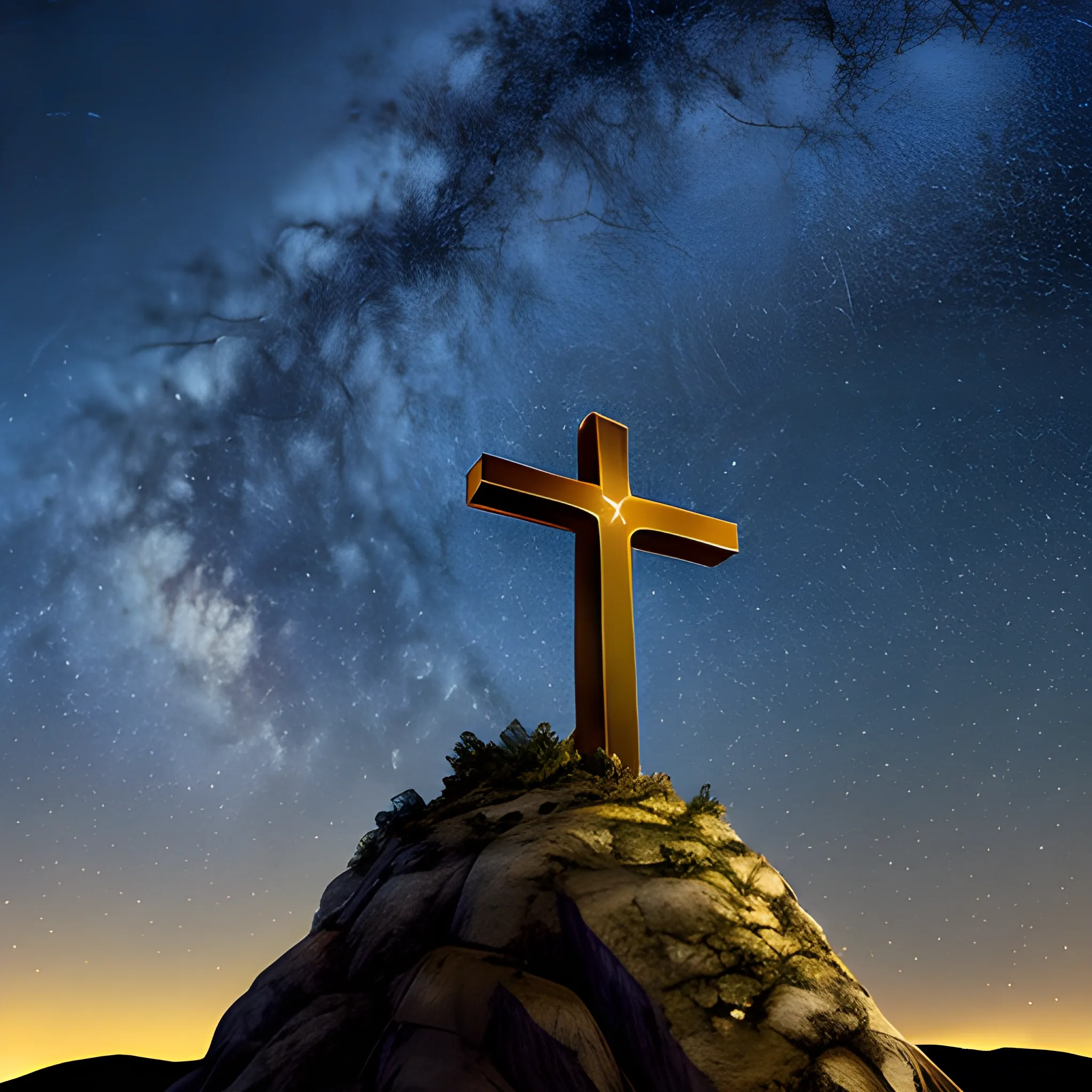 a cross on a mountain with a starry sky
