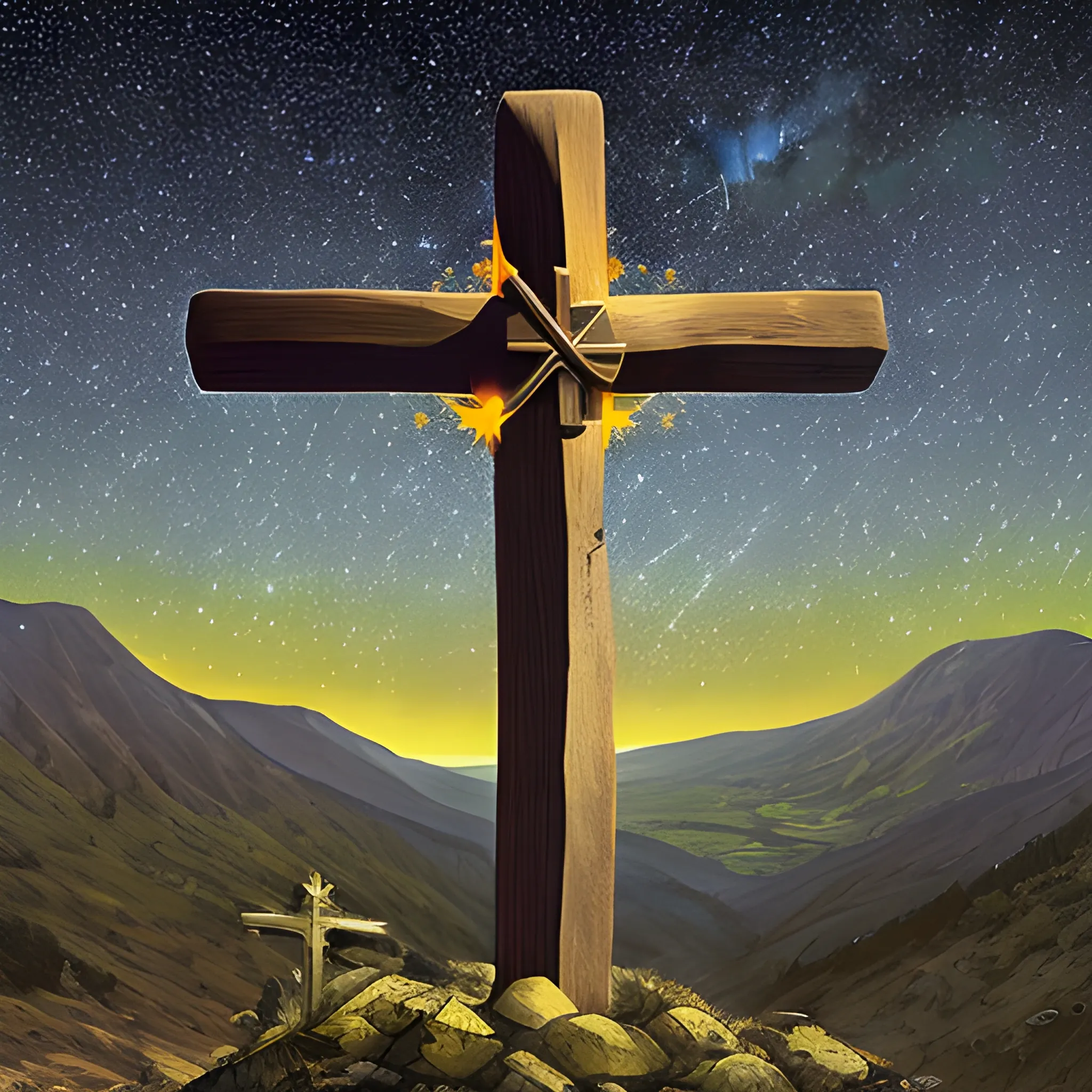 a cross on a mountain with a starry sky, day of judgment
