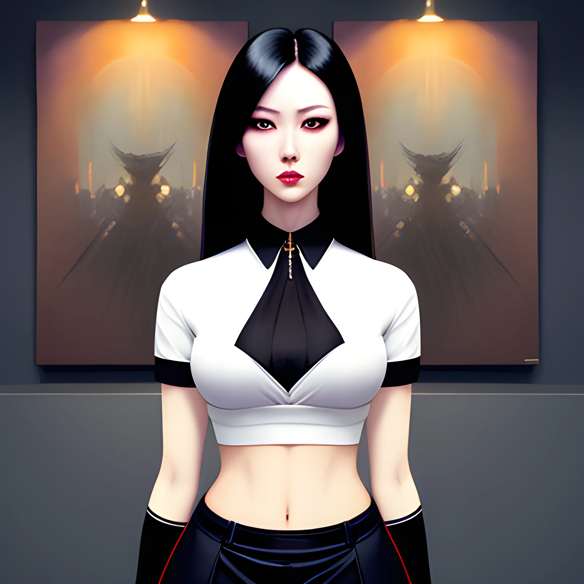 dark painting, intensive colors, classroom,, casual fashion shot of a Beautiful sexy korean female teacher wearing stockings ,   longhaired, symmetric face, manga eyes,  full figure, fit, miniskirt, tight shirt, collar, legs, knees, with classroom in background, sinister art by Greg Rutkowski, Oil Painting