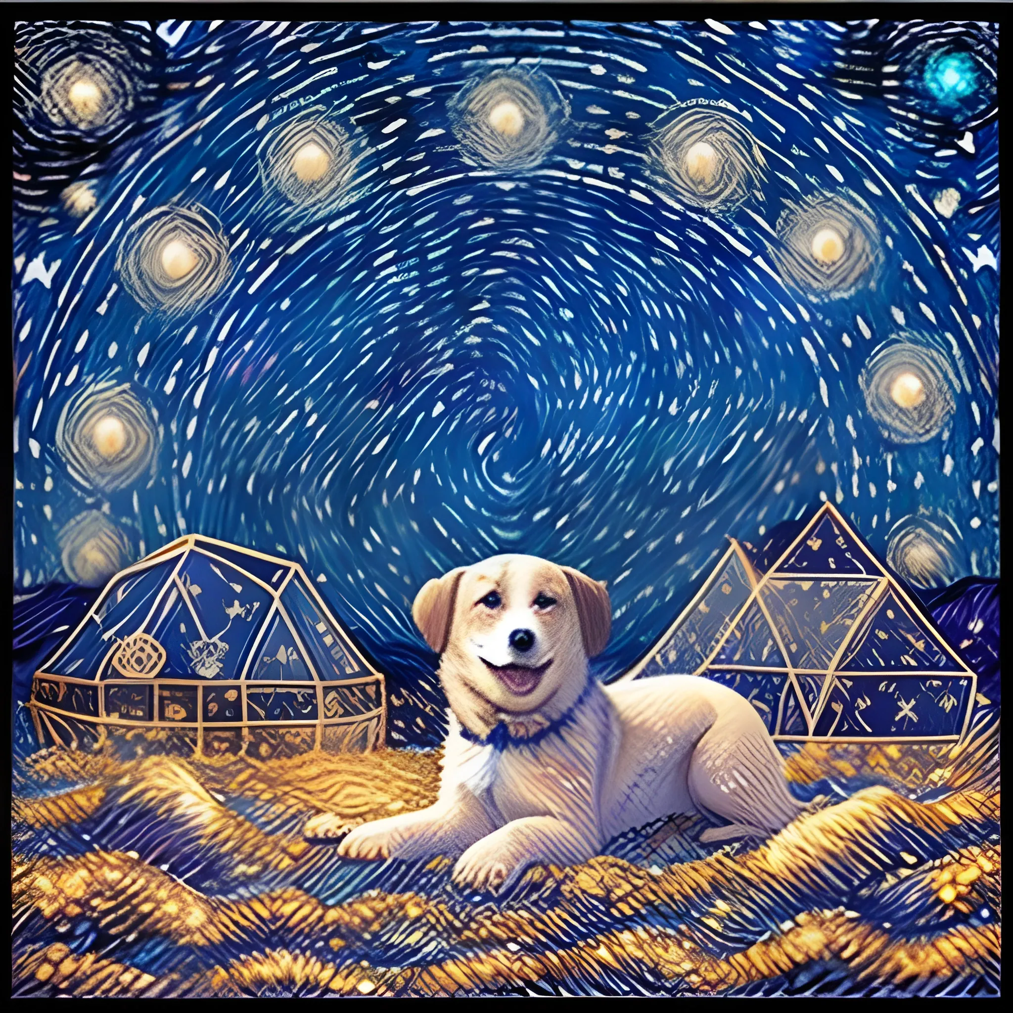 illustration of dog, allure of starry night sky with myriad of twinkling stars, constellations, Milky Way, window art, glass painting, transparent designs, colorful patterns, light-filled displays, creative installations, temporary creations