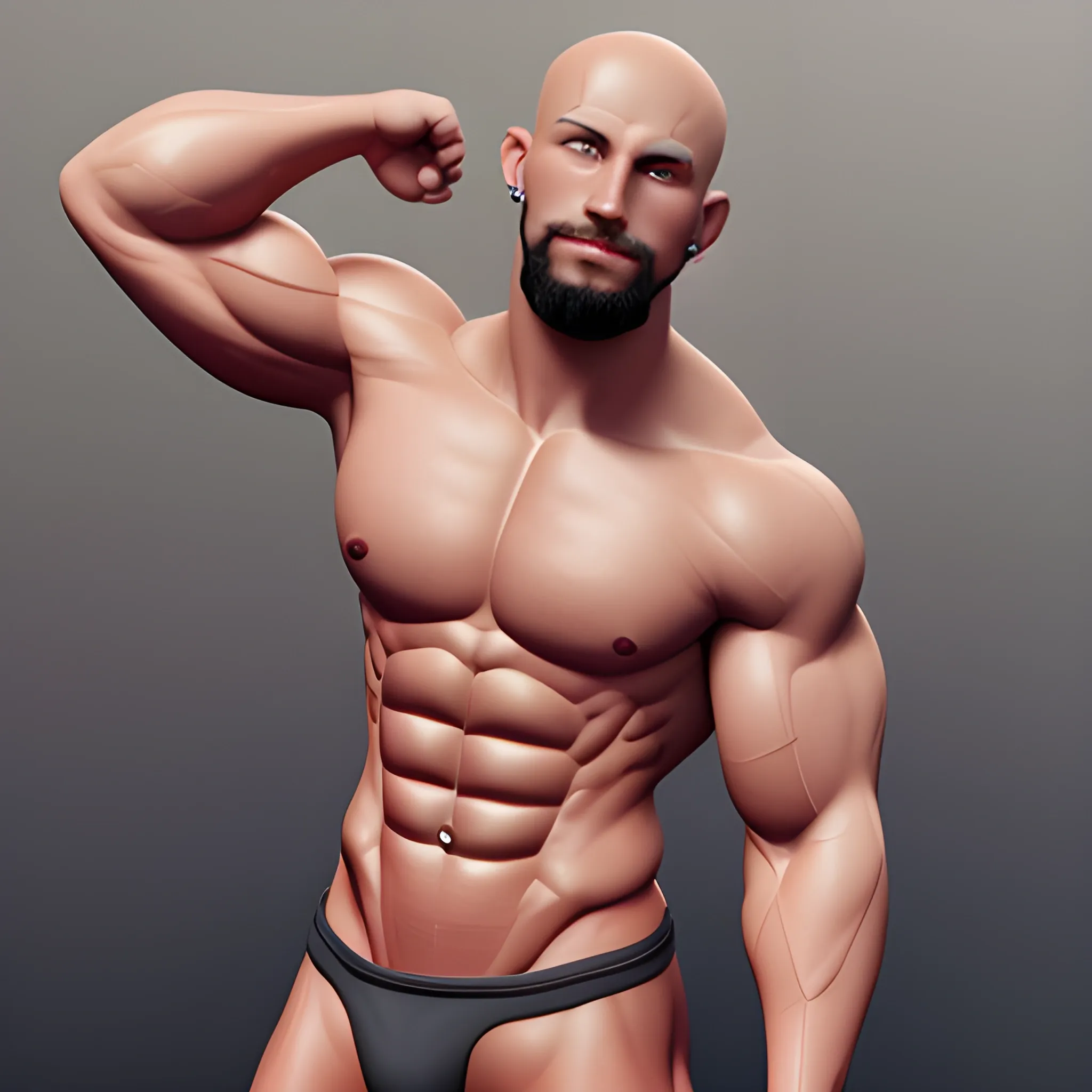 Fit muscular dude, bald head, short beard and diamonds earrings, 3D. No mustache. Nude abs