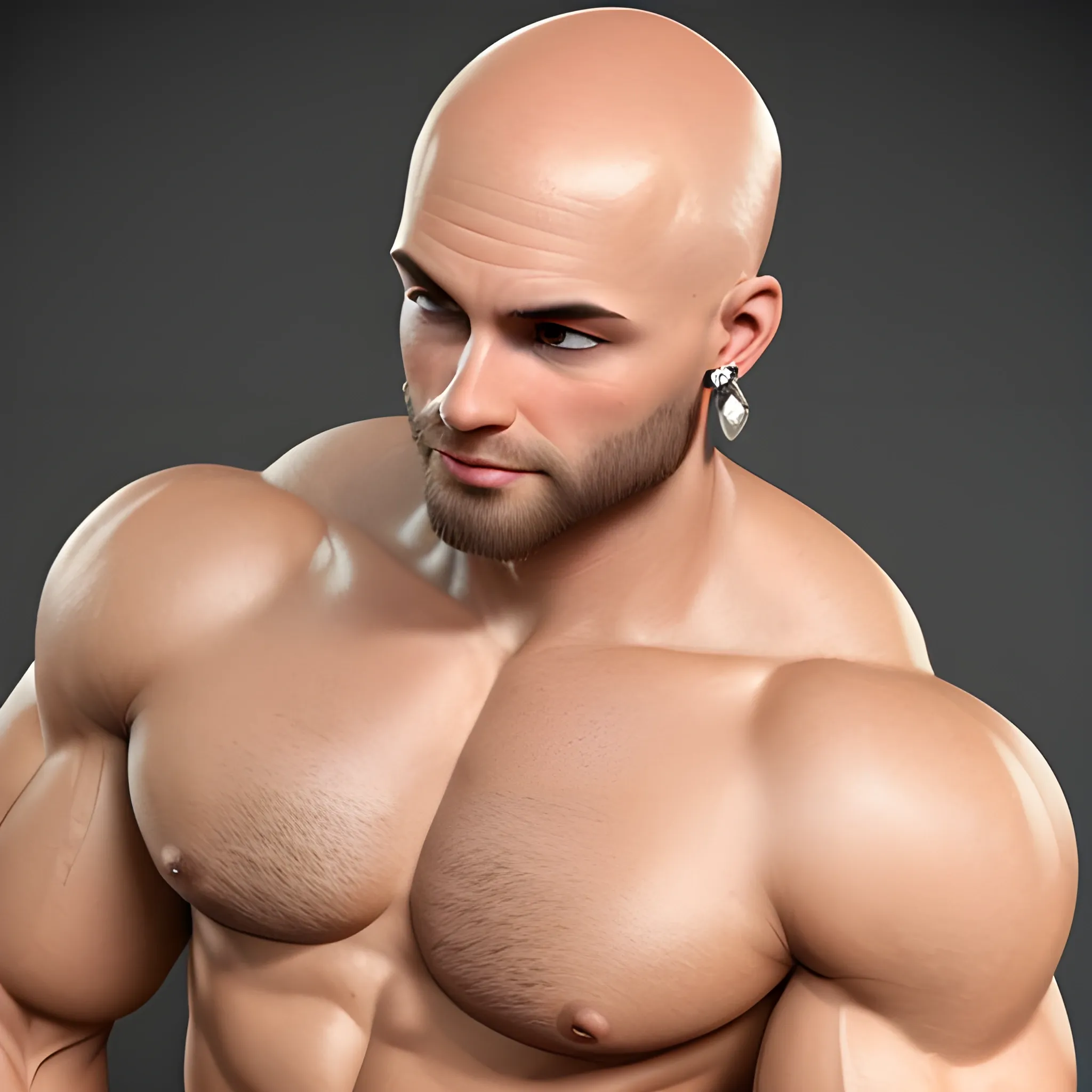 Fit muscular dude, bald head, short beard and diamonds earrings, 3D. No mustache. 