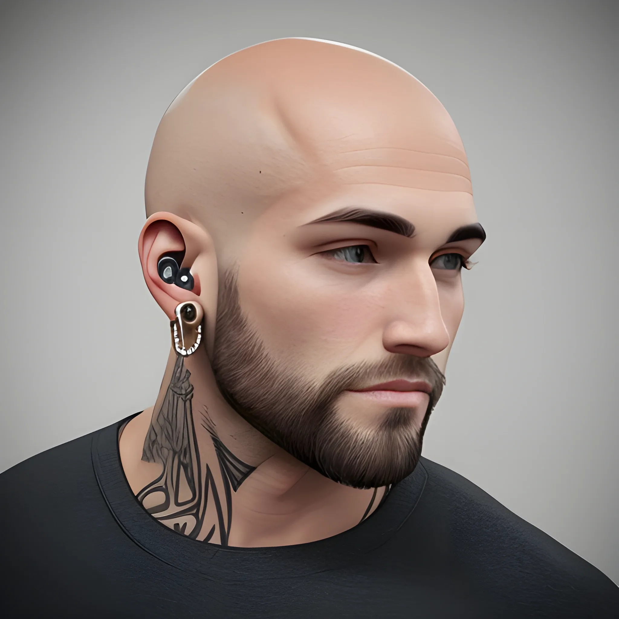 Fit dude, bald head, short beard and earrings, 3D. No mustache. Shoulder tattoo